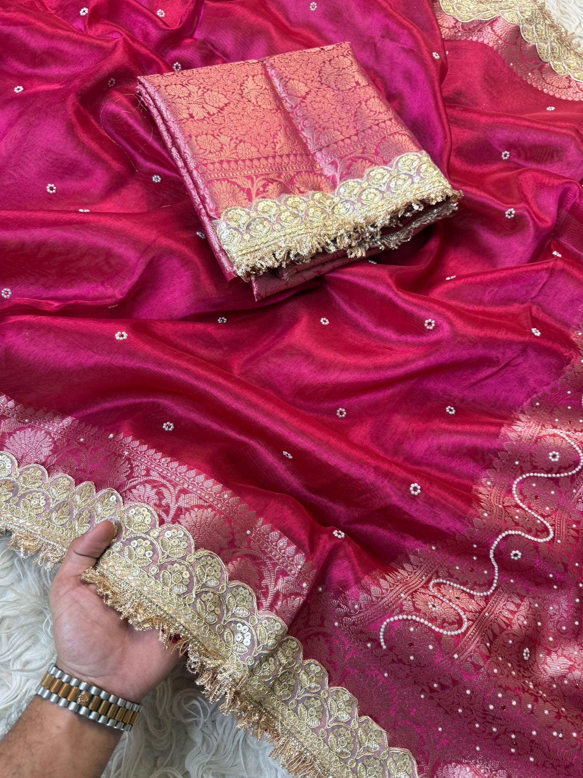 Banarasi Tissue Silk Saree with Stonework and Lace Border