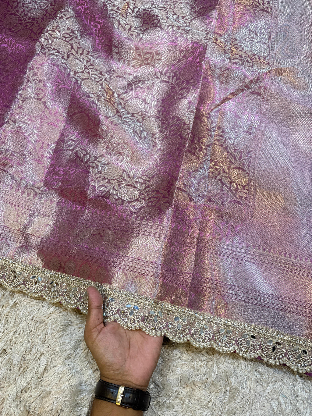 Banarasi Kanjivaram Tissue Silk Saree with Pearl Lace Border