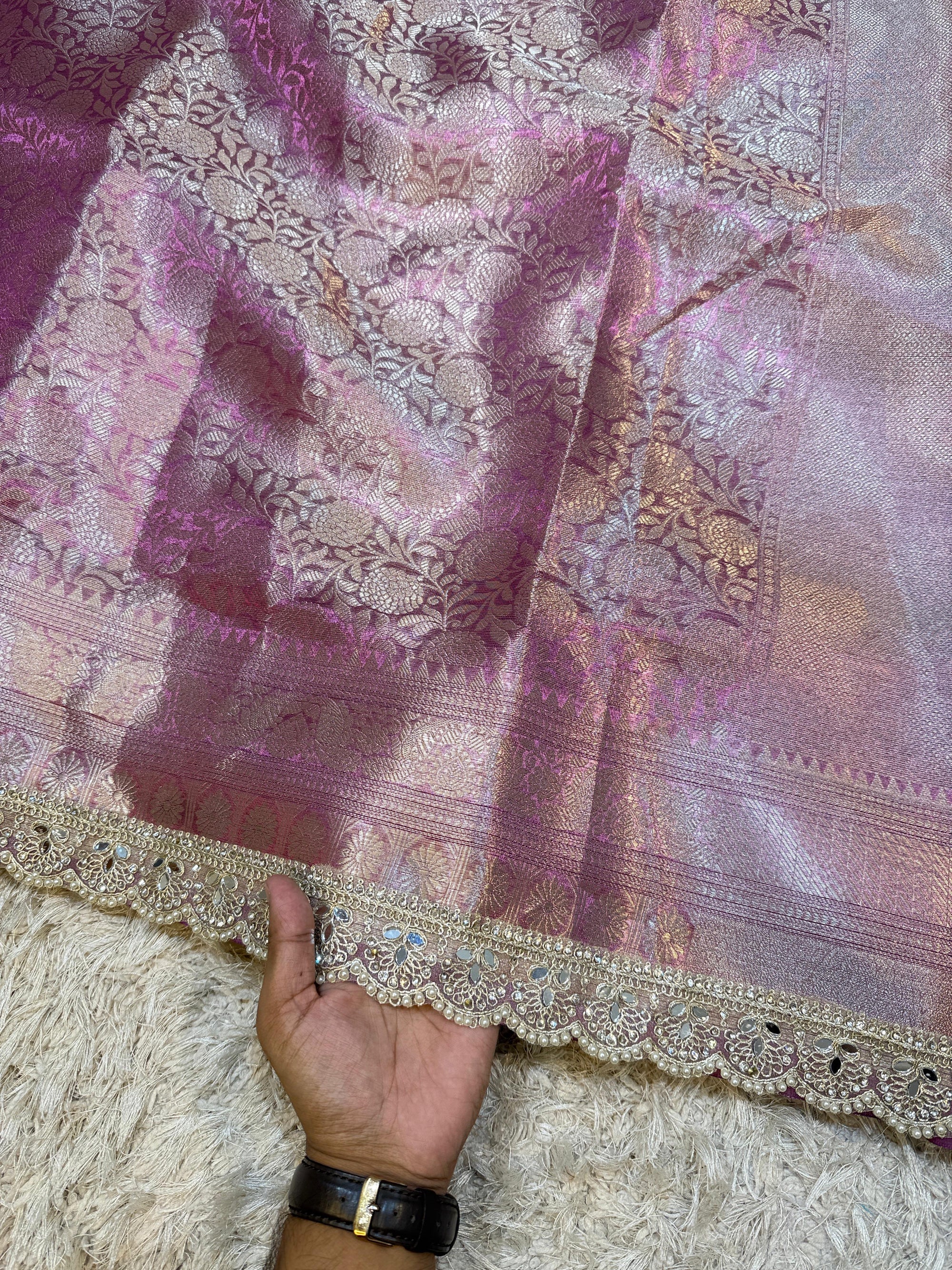 Banarasi Kanjivaram Tissue Silk Saree with Pearl Lace Border