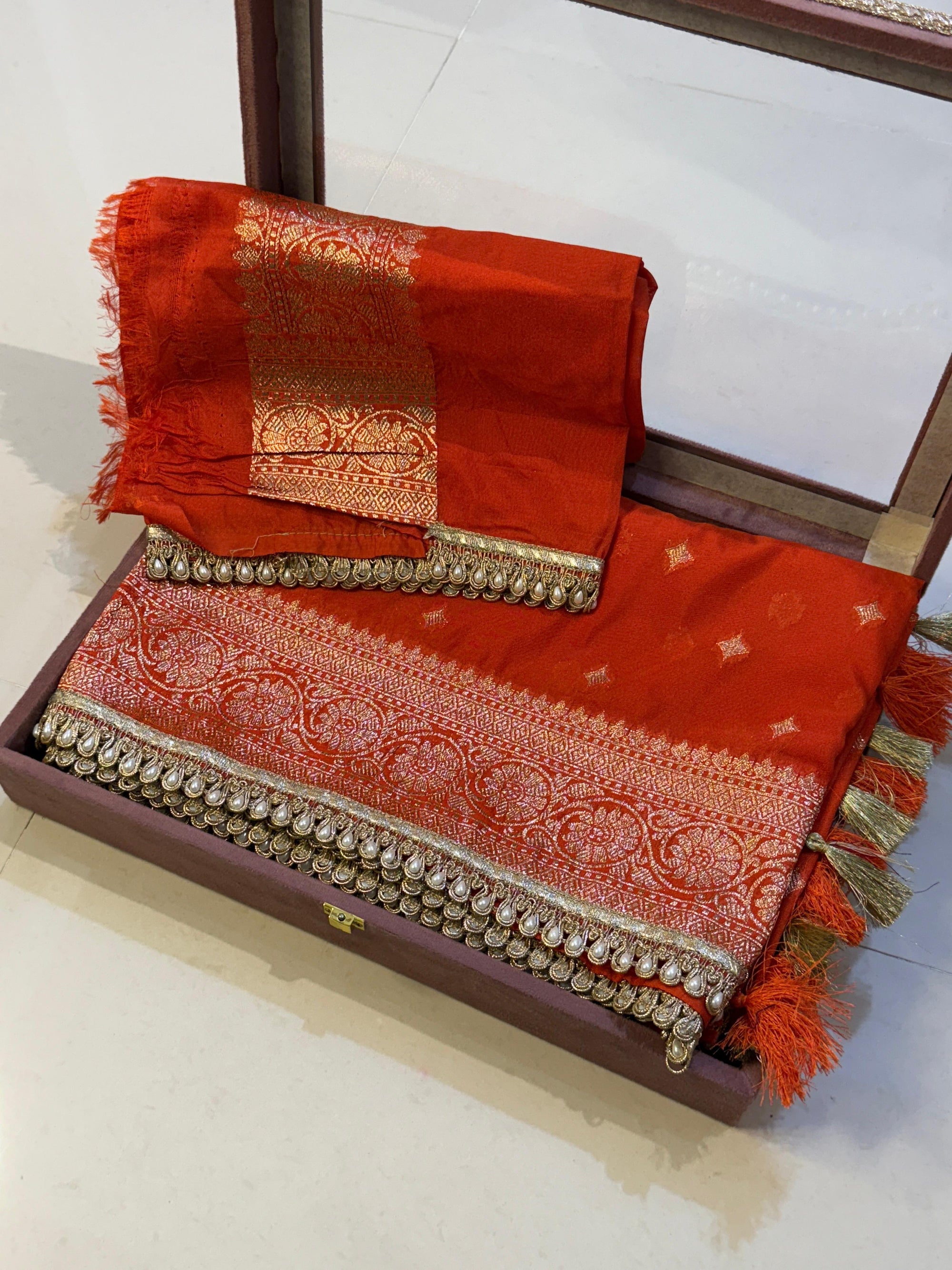 Handloom Banarasi Semi Khaddi Katan Soft Silk Saree with Pearl Lace border