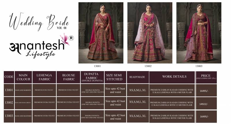 Anantesh Wedding Bride Vol 1 Designer Lehenga Choli Collection