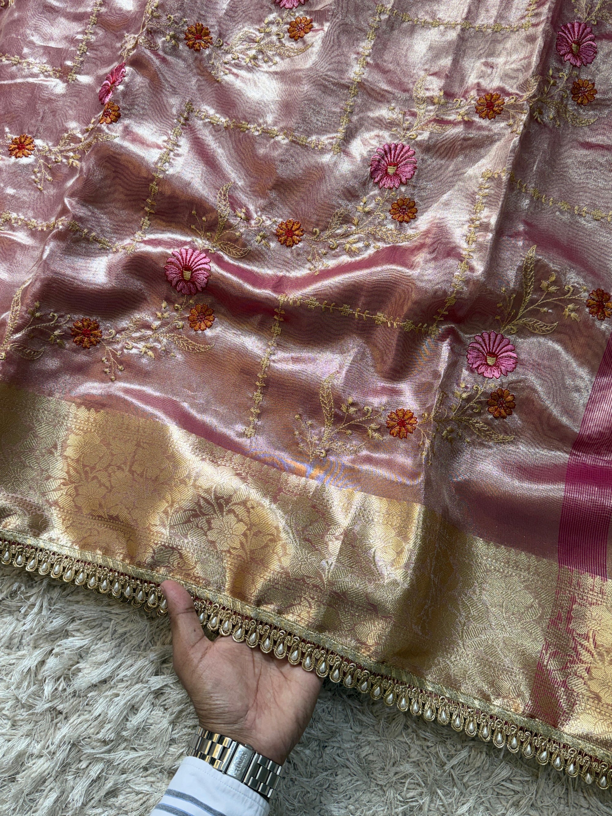 Banarasi Soft Glass Tissue Silk Saree with Meenakari Embroidery and Pearl Lace Border