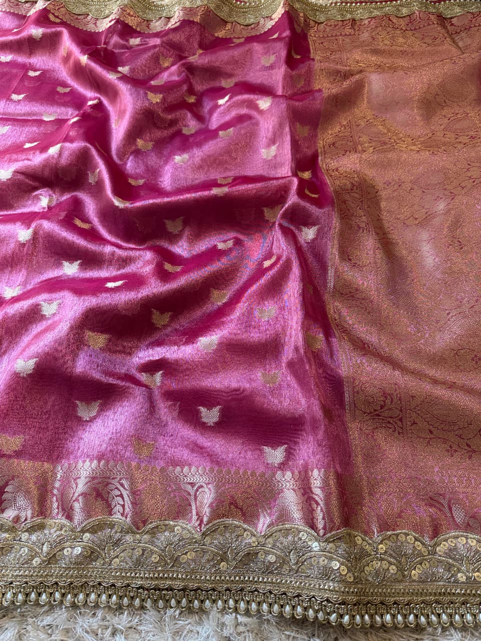 Banarasi Soft Glass Tissue Silk Saree with Booti Weaving and Pearl Lace Border