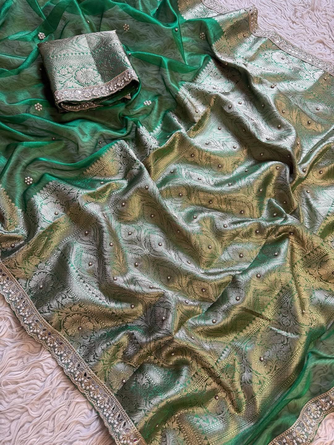 Banarasi Soft Glass Tissue Silk Saree with Stonework and Pearl Lace Border