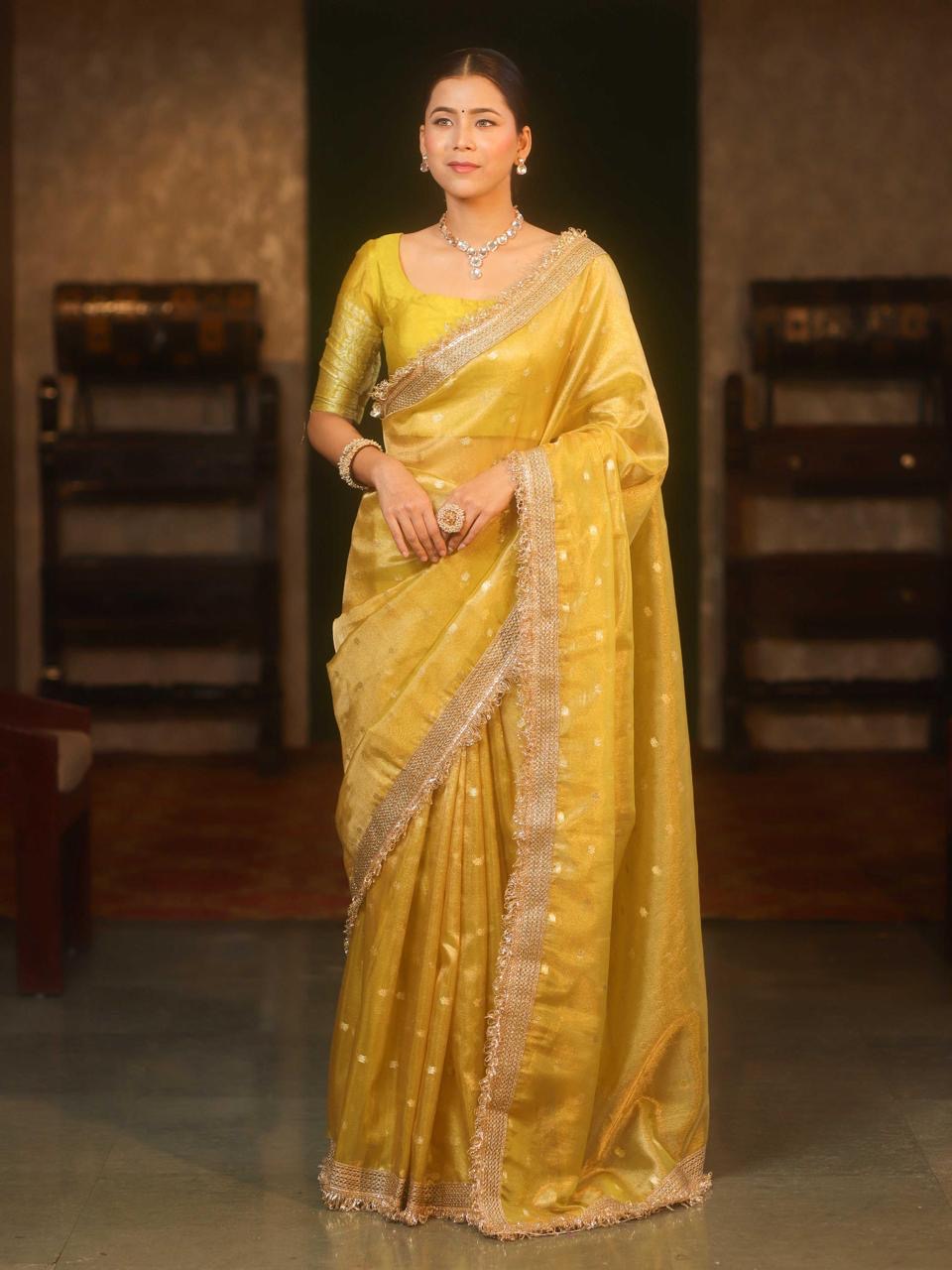 Banarasi Tissue Silk Saree with Booti Work and Lace Border