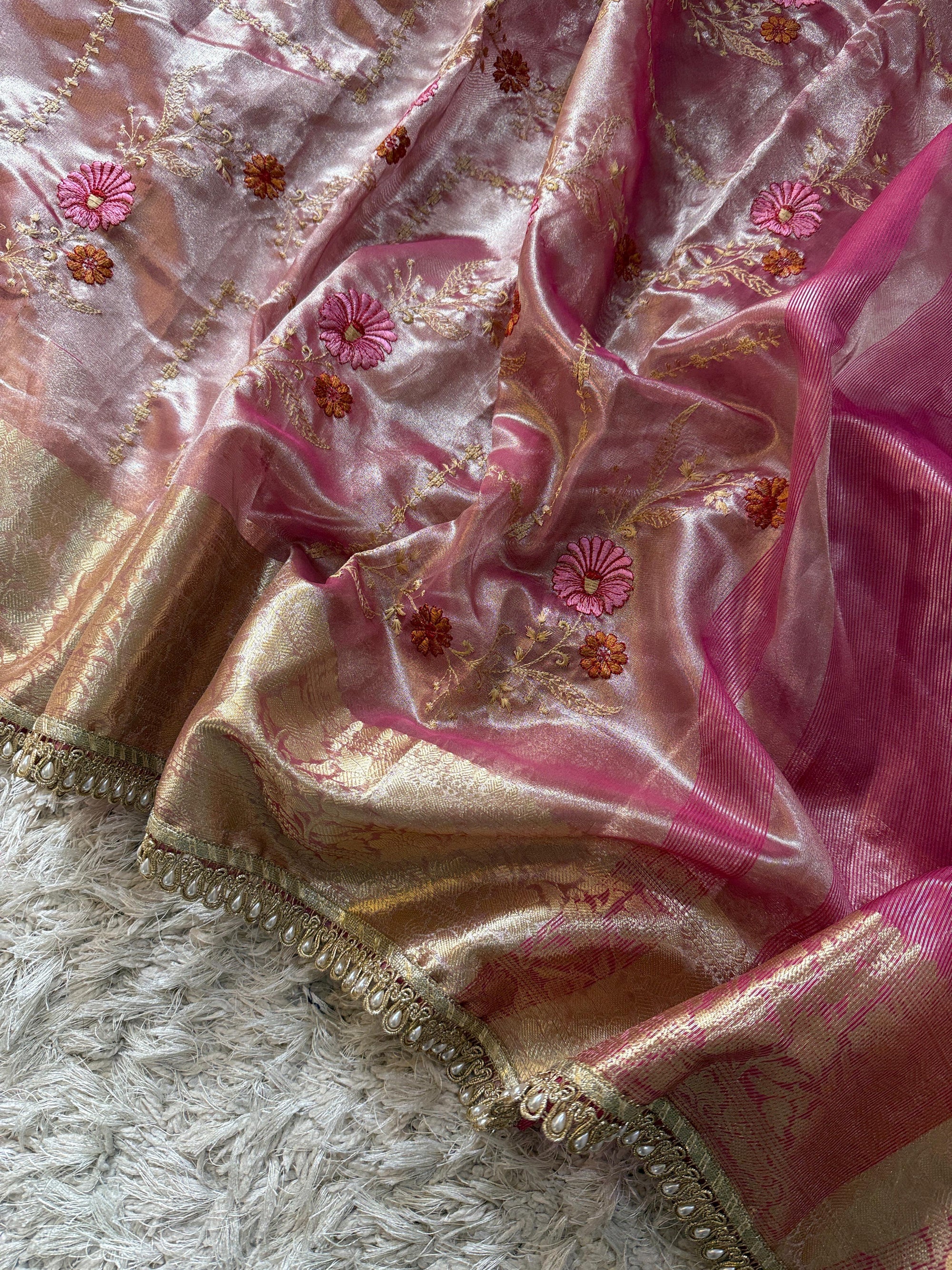 Banarasi Soft Glass Tissue Silk Saree with Meenakari Embroidery and Pearl Lace Border