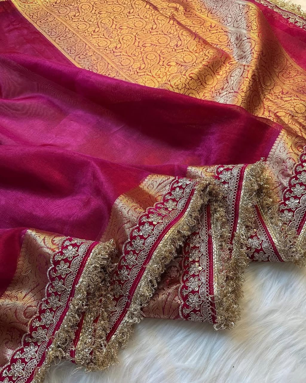 Banarasi Tissue Silk Saree with Velvet and Uljhi Lace Work