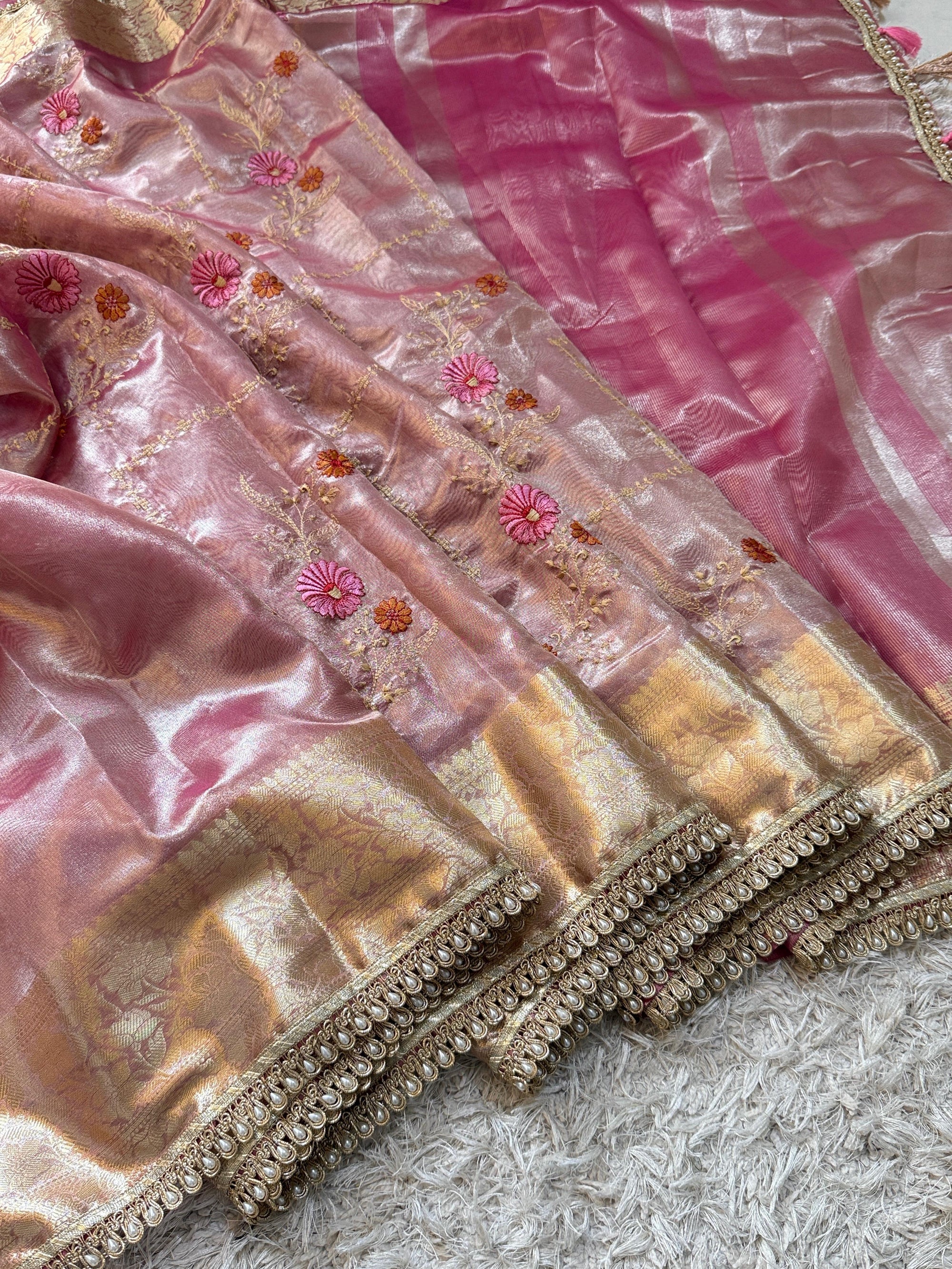 Banarasi Soft Glass Tissue Silk Saree with Meenakari Embroidery and Pearl Lace Border