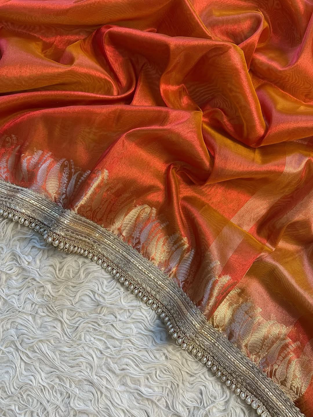 Banarasi Tissue Silk Saree with Pearl Lace Border