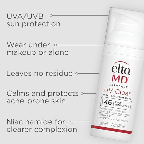 EltaMD UV Clear Face Sunscreen SPF 46, Oil Free for Face with Zinc Oxide, Dermatologist Recommended Sunscreen Lotion, For Acne-Prone Sensitive Skin, 1.7 oz Pump