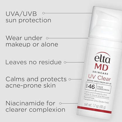 EltaMD UV Clear Face Sunscreen SPF 46, Oil Free for Face with Zinc Oxide, Dermatologist Recommended Sunscreen Lotion, For Acne-Prone Sensitive Skin, 1.7 oz Pump
