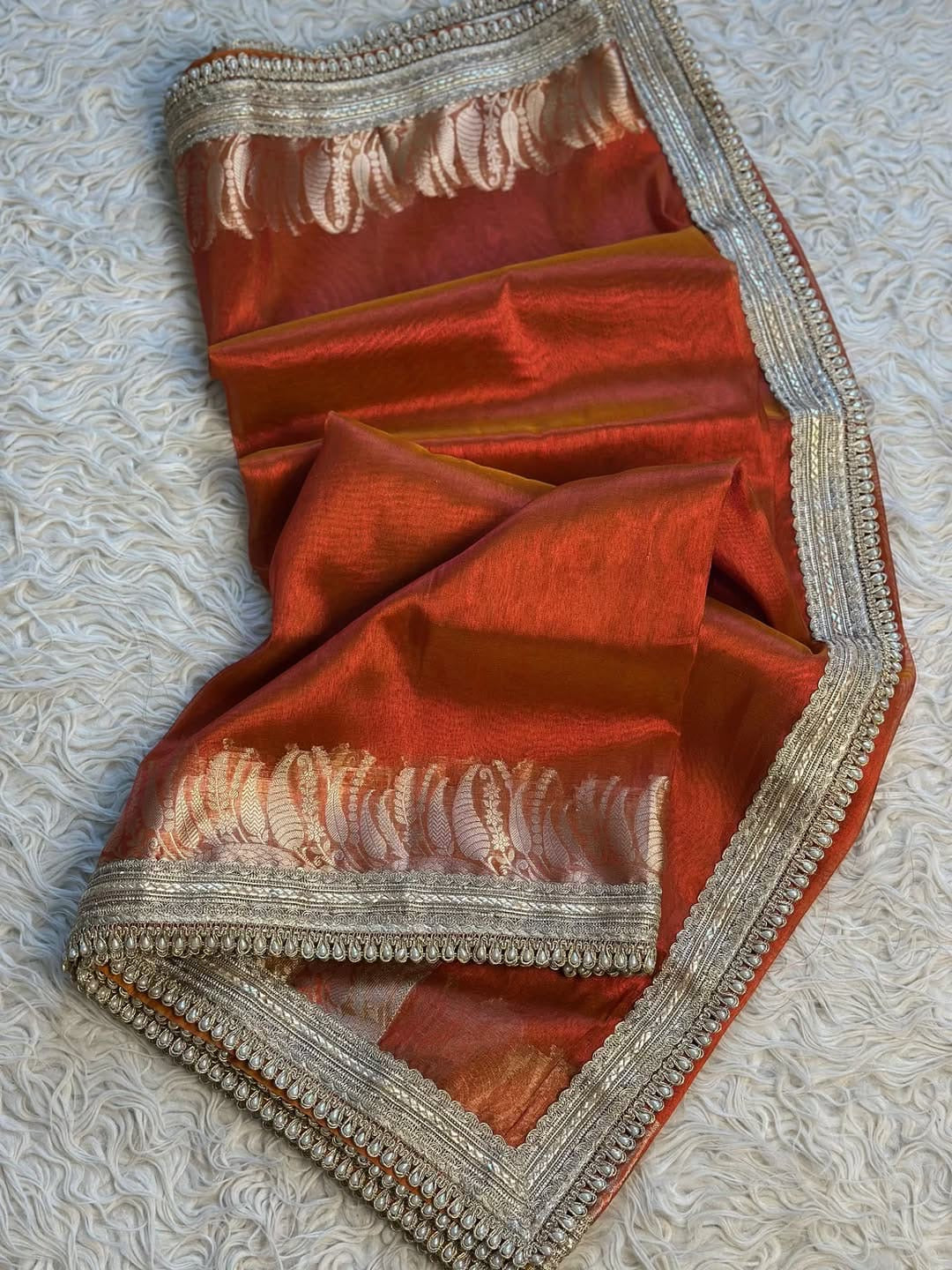 Banarasi Tissue Silk Saree with Pearl Lace Border