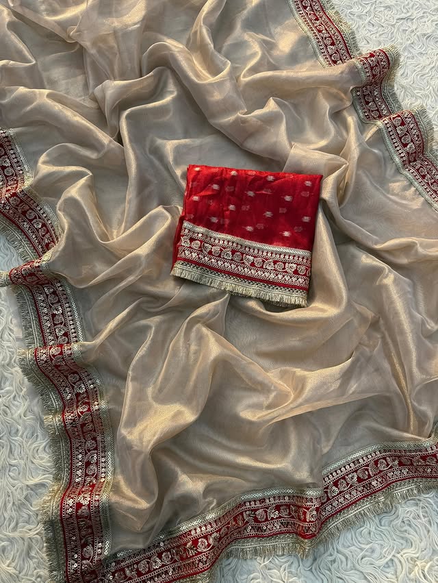 Banarasi Glass Tissue Silk Saree with velvel and gotta lace border