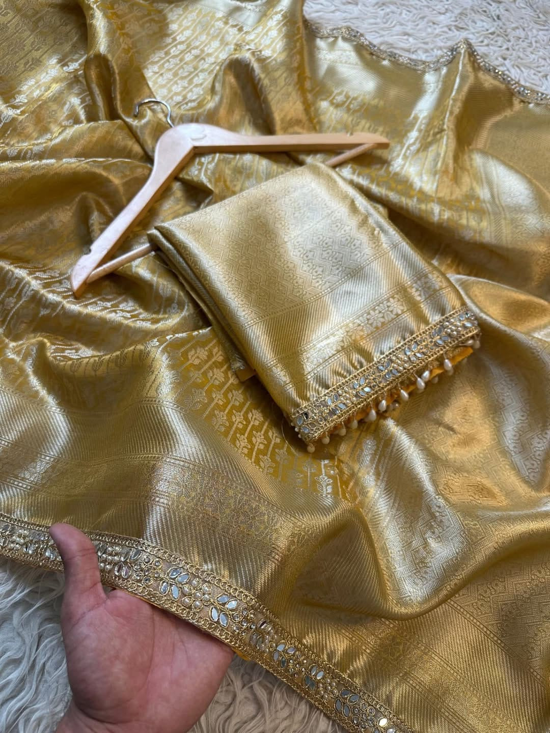 Banarasi Kanjivaram katan Tissue Silk Saree with Pearl Lace border