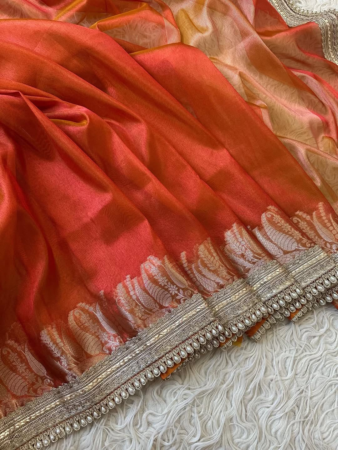 Banarasi Tissue Silk Saree with Pearl Lace Border
