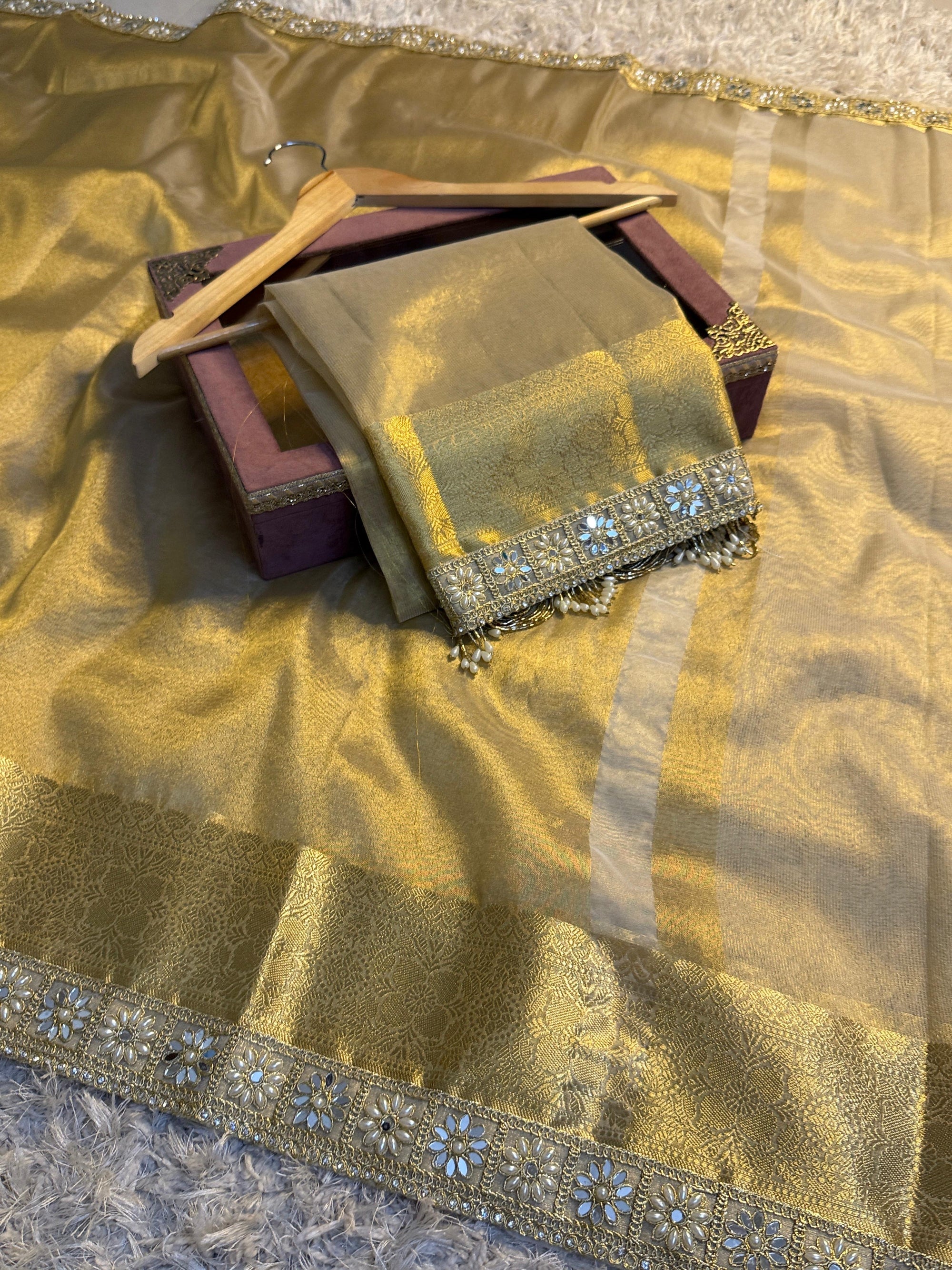 Banarasi Tissue Silk Saree with Gold Zari and Pearl Lace Border