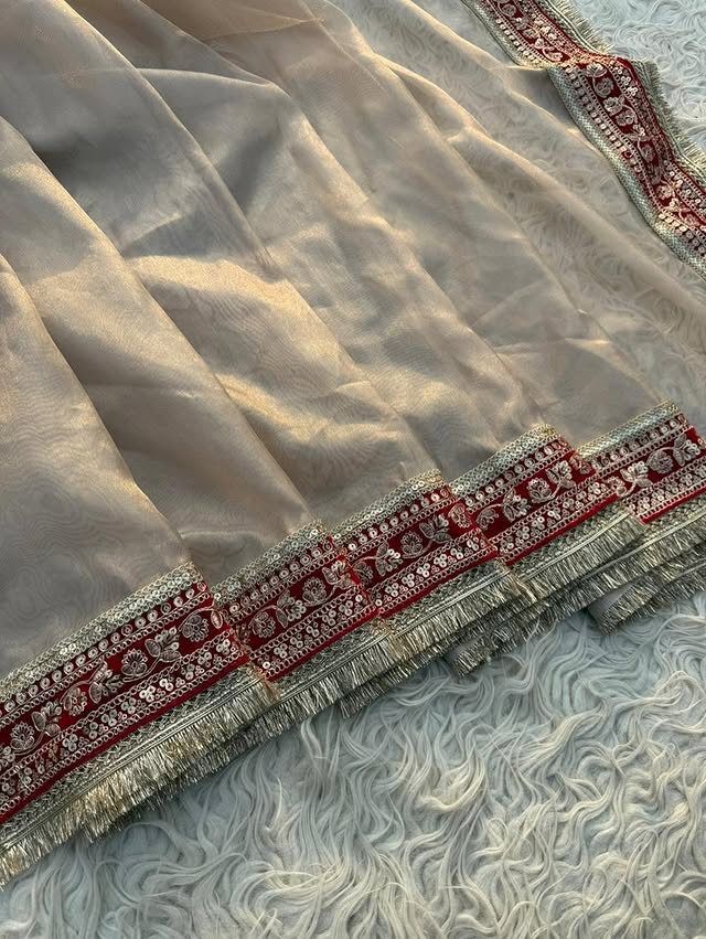 Banarasi Glass Tissue Silk Saree with velvel and gotta lace border