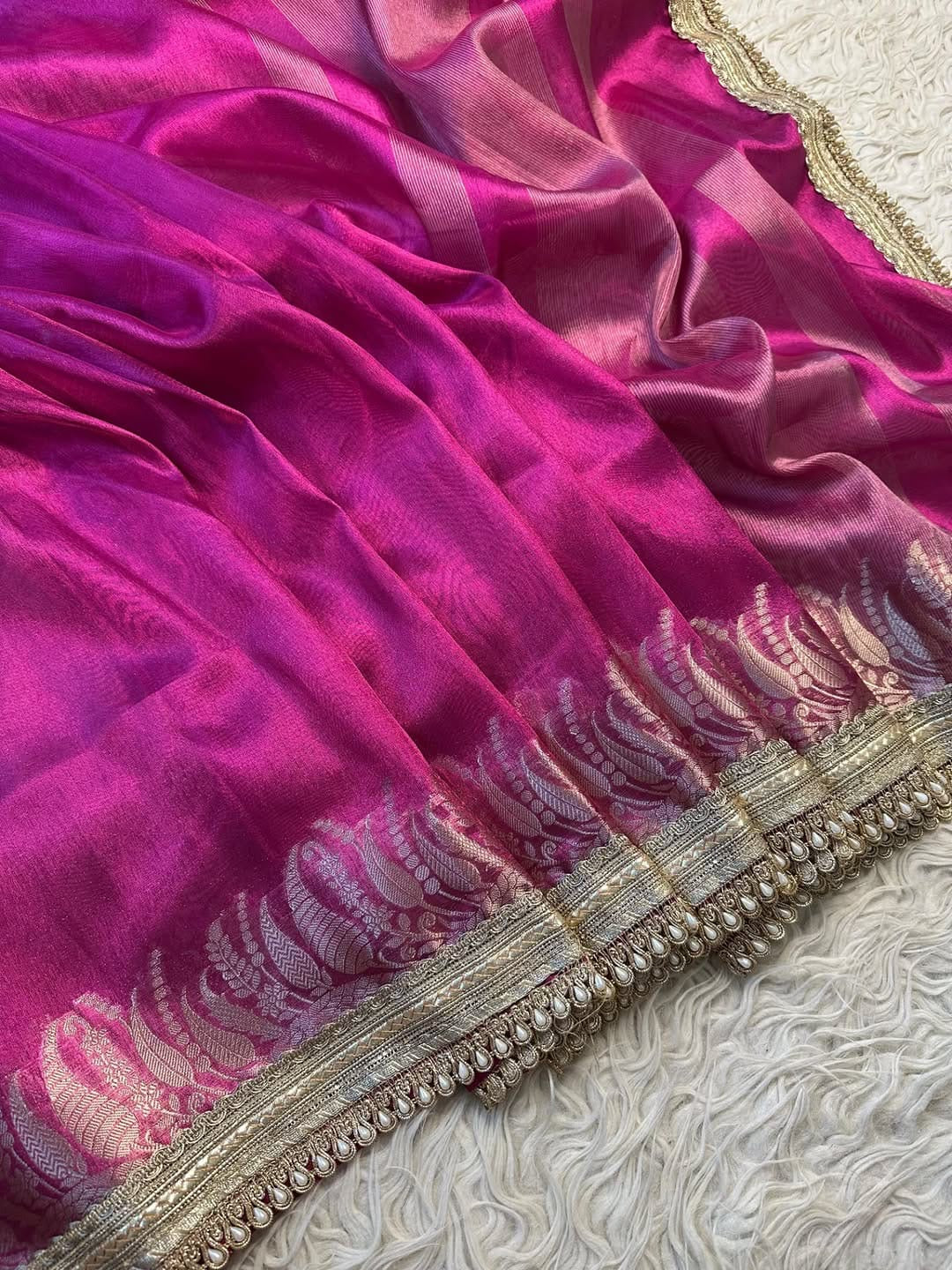 Banarasi Tissue Silk Saree with Pearl Lace Border