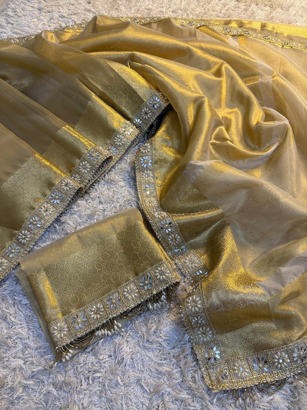 Banarasi Tissue Silk Saree with Gold Zari and Pearl Lace Border
