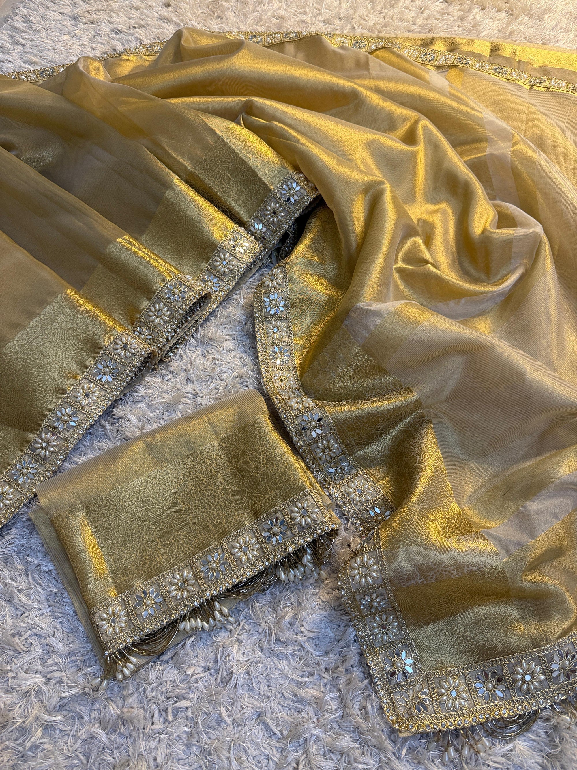 Banarasi Tissue Silk Saree with Gold Zari and Pearl Lace Border