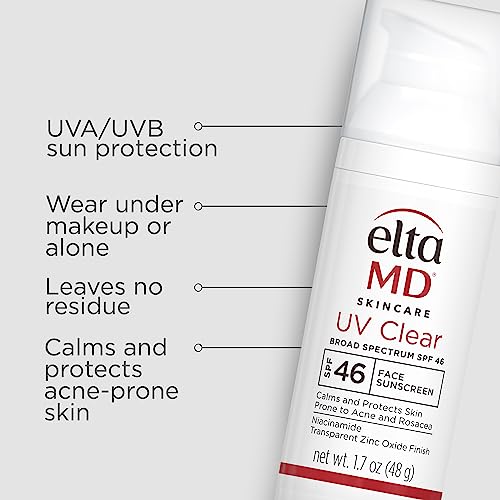 EltaMD UV Clear Face Sunscreen SPF 46, Oil Free for Face with Zinc Oxide, Dermatologist Recommended Sunscreen Lotion, For Acne-Prone Sensitive Skin, 1.7 oz Pump