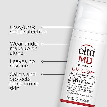 EltaMD UV Clear Face Sunscreen SPF 46, Oil Free for Face with Zinc Oxide, Dermatologist Recommended Sunscreen Lotion, For Acne-Prone Sensitive Skin, 1.7 oz Pump