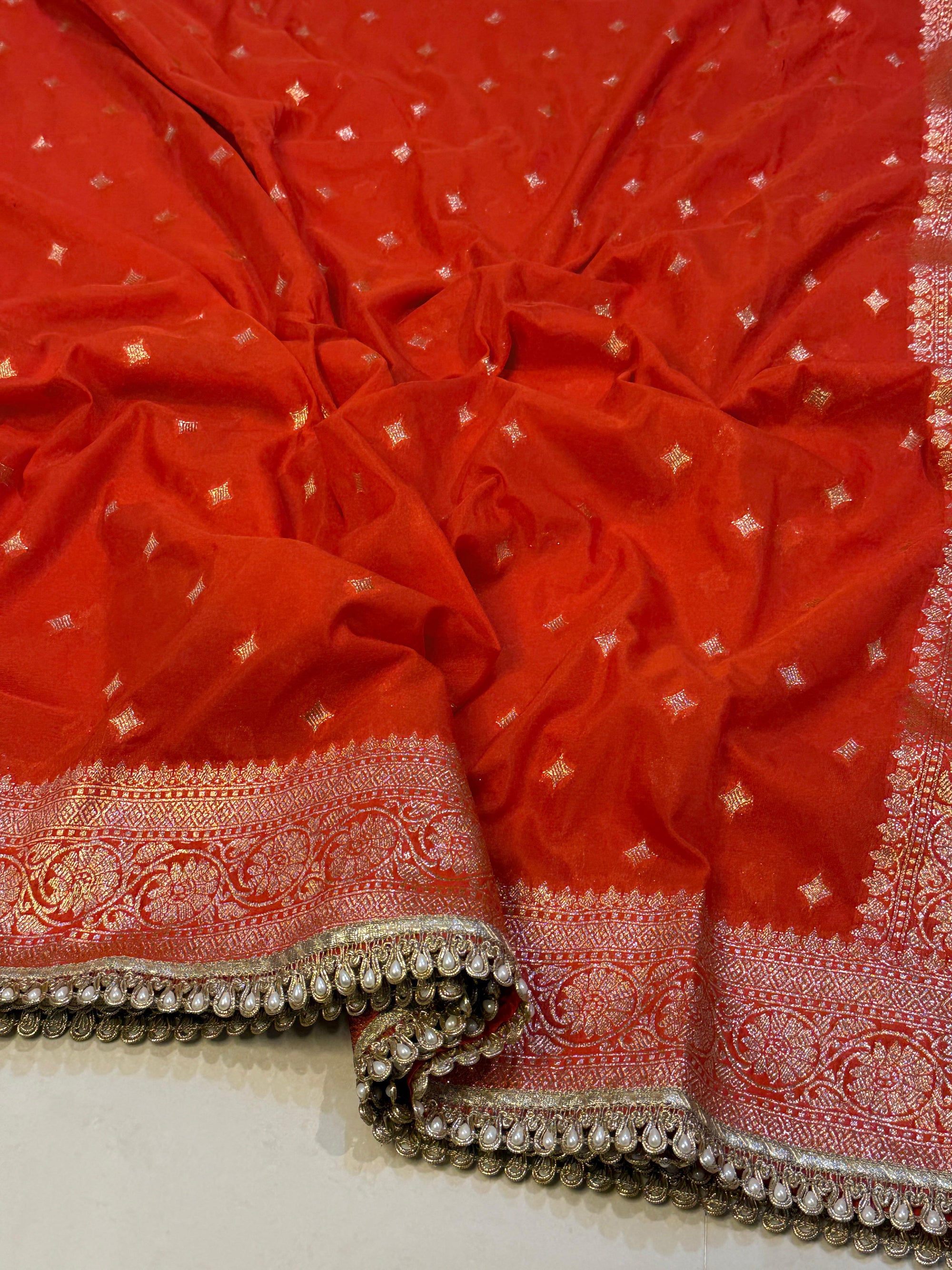 Handloom Banarasi Semi Khaddi Katan Soft Silk Saree with Pearl Lace border