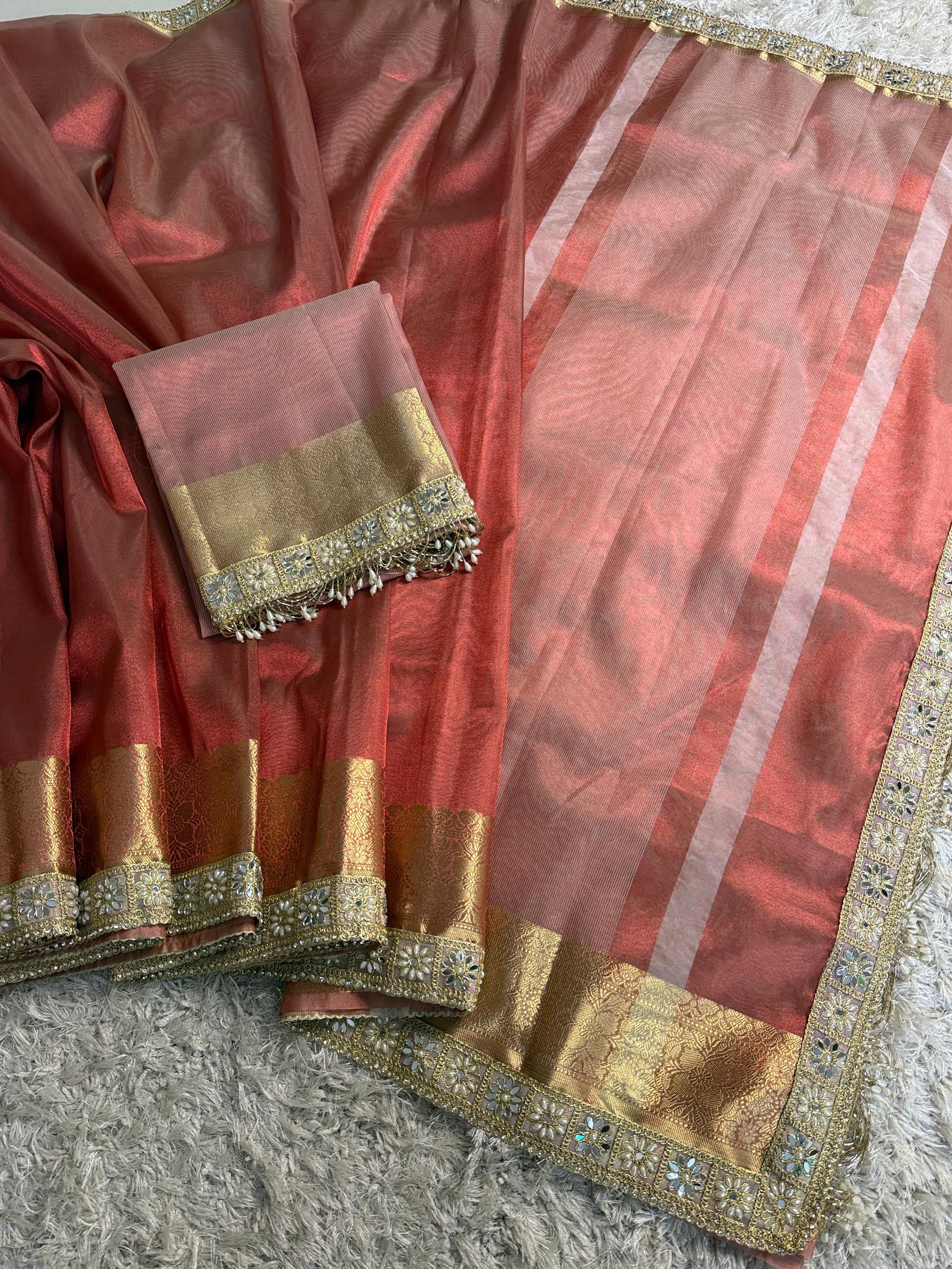 Banarasi Tissue Silk Saree with Gold Zari and Pearl Lace Border