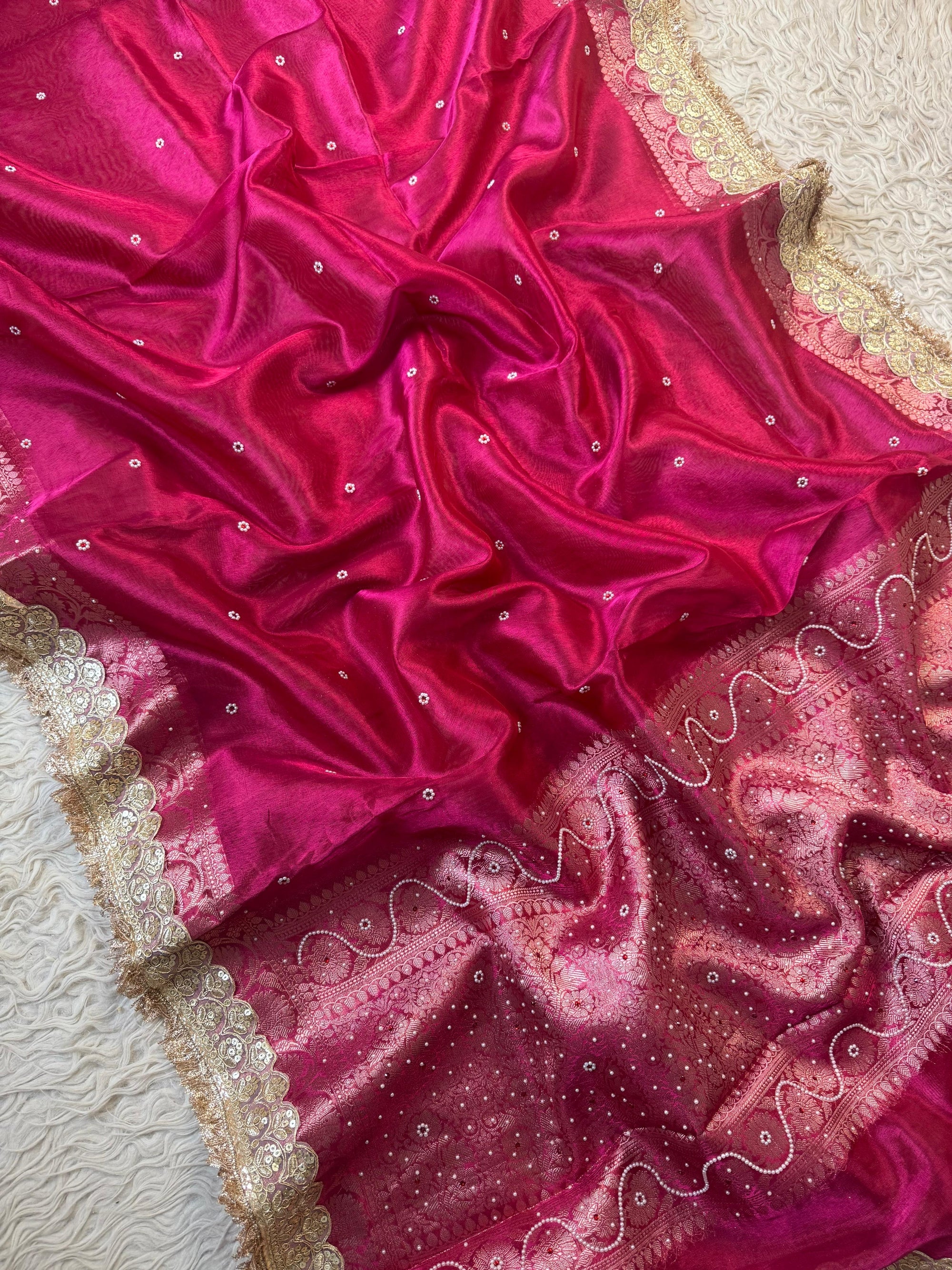 Banarasi Tissue Silk Saree with Stonework and Lace Border