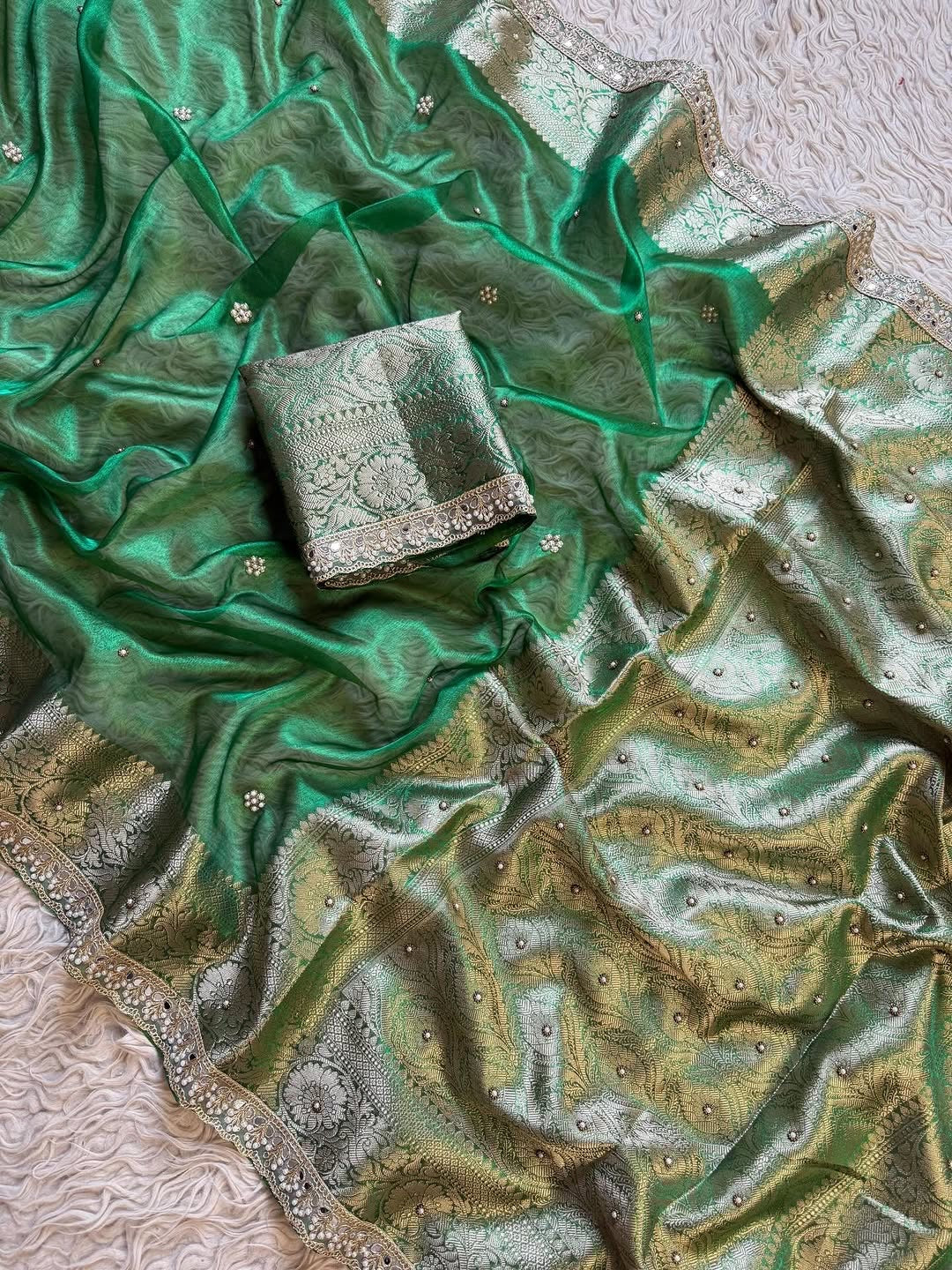 Banarasi Soft Glass Tissue Silk Saree with Stonework and Pearl Lace Border