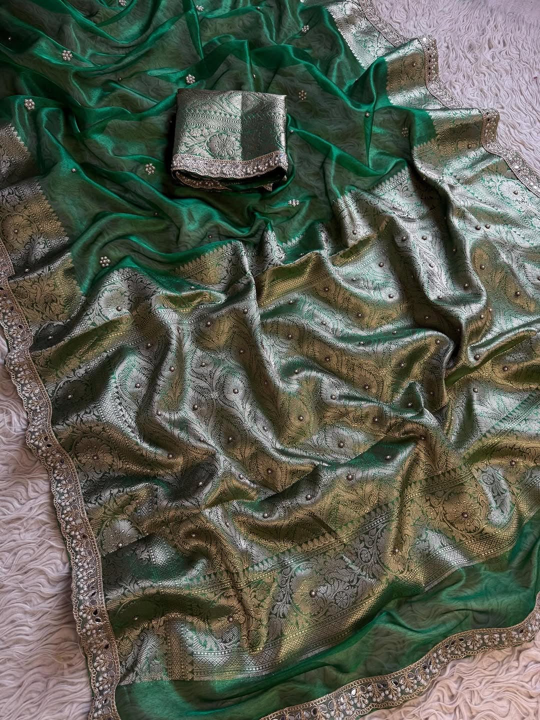 Banarasi Soft Glass Tissue Silk Saree with Stonework and Pearl Lace Border