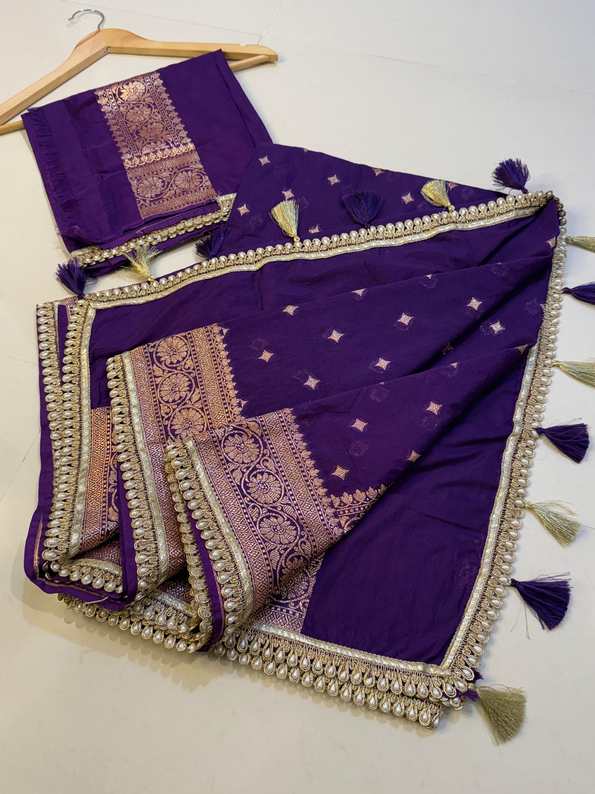 Handloom Banarasi Semi Khaddi Katan Soft Silk Saree with Pearl Lace border