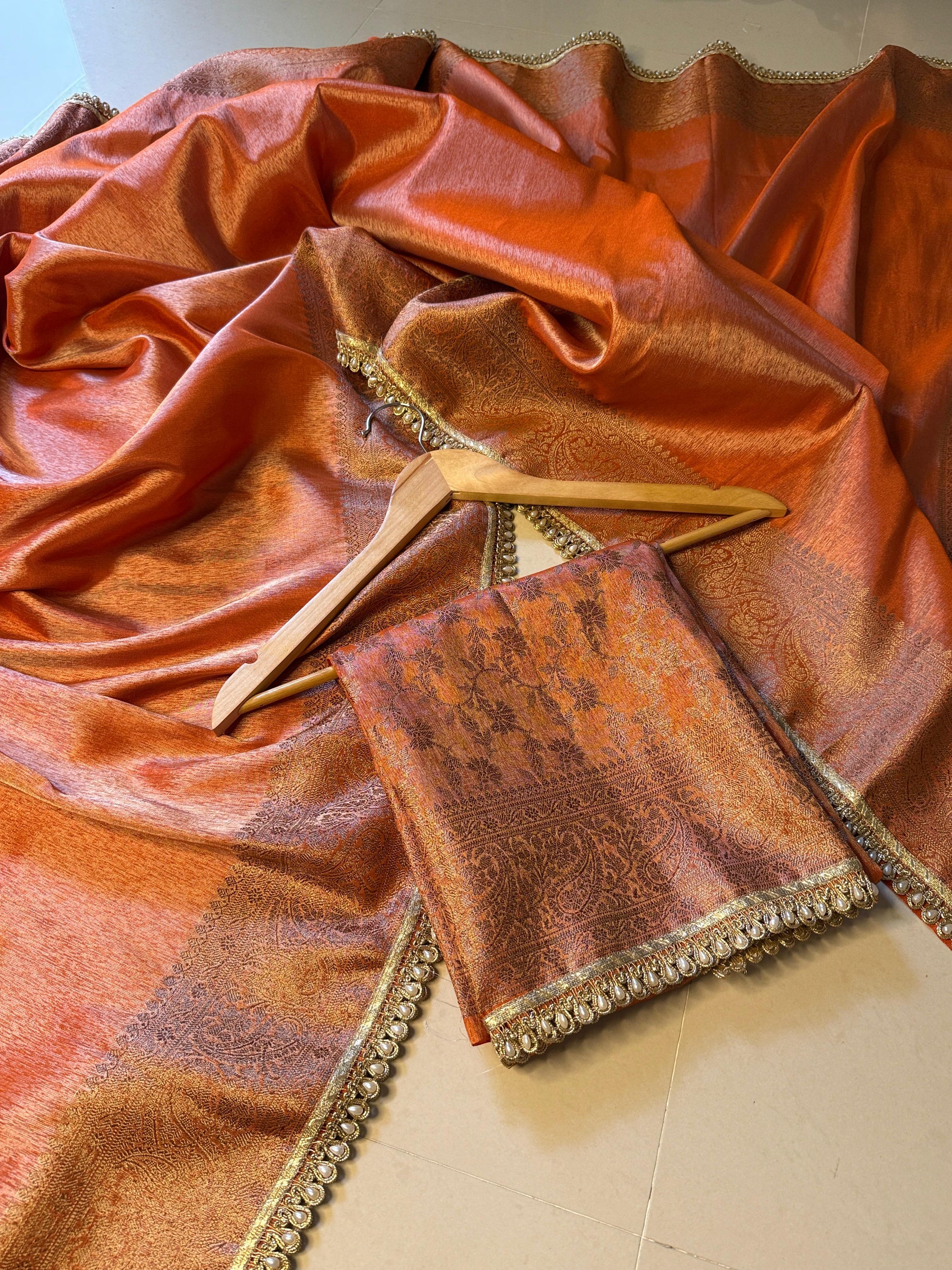 Banarasi Katan Tissue Soft Silk Saree with Pearl lace work