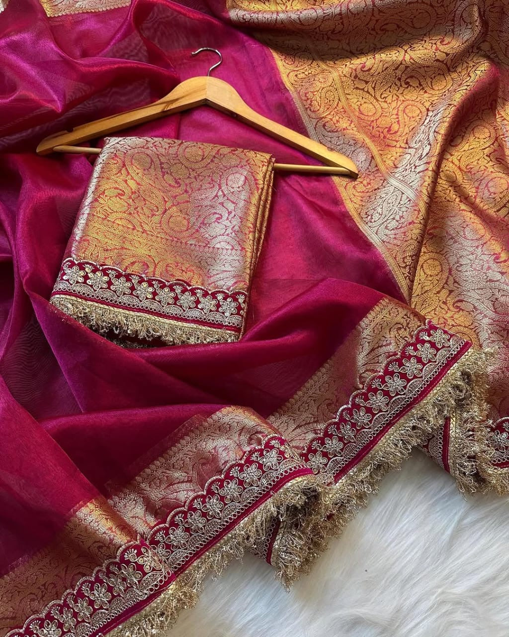 Banarasi Tissue Silk Saree with Velvet and Uljhi Lace Work