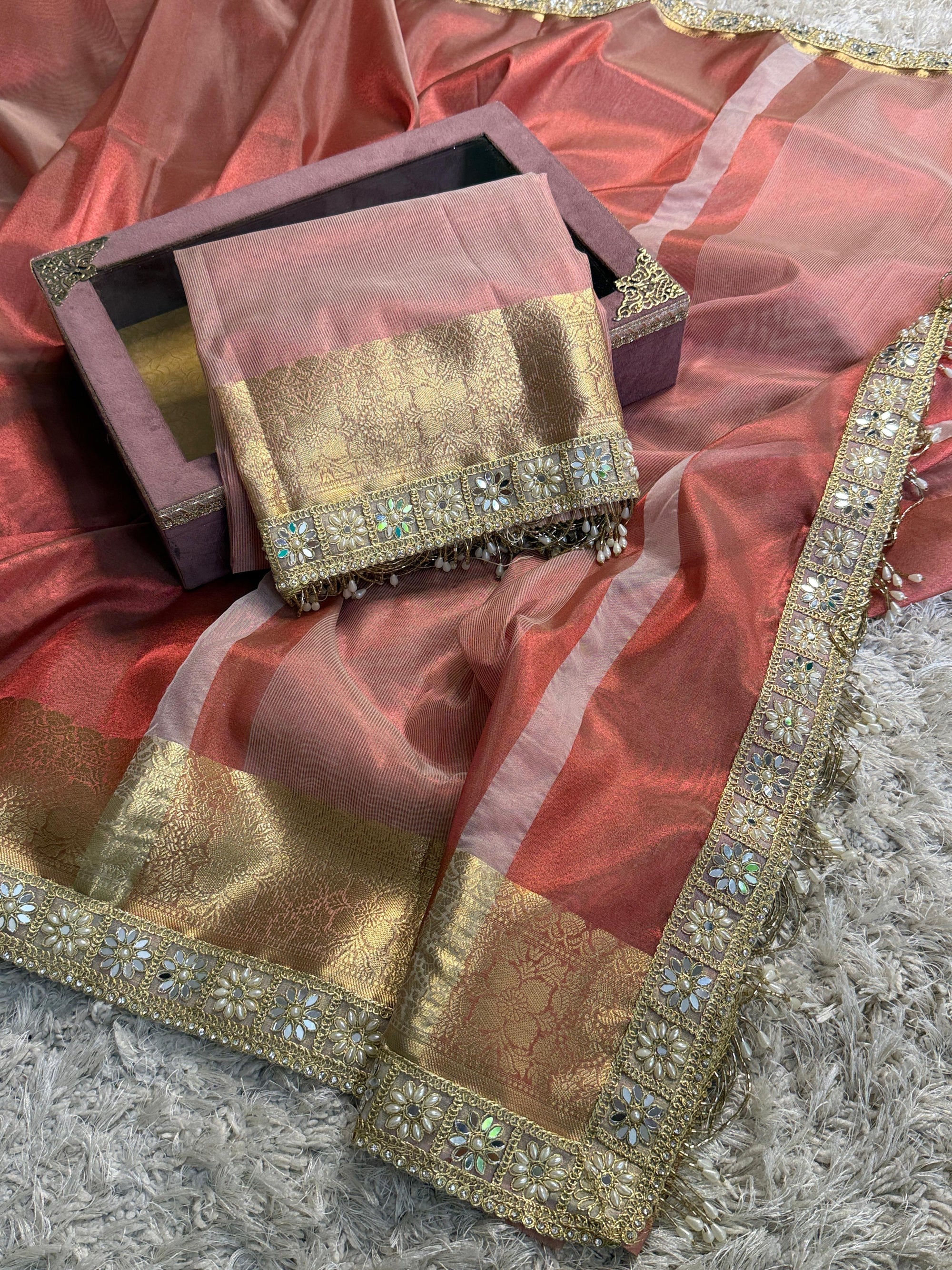 Banarasi Tissue Silk Saree with Gold Zari and Pearl Lace Border