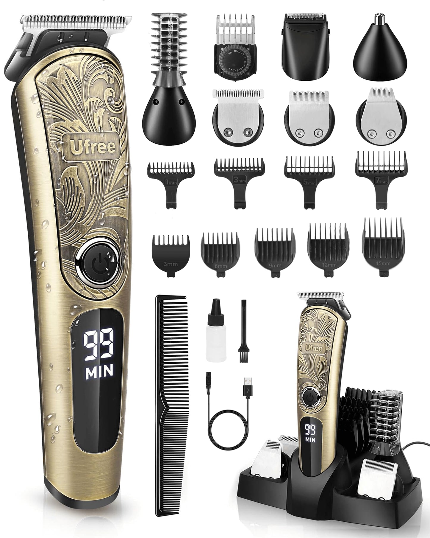 Ufree Beard Trimmer for Men, Waterproof Electric Razor for Nose, Body, Face & Mustache, Cordless Hair Clippers Shavers Grooming Kit, Gifts for Men Husband Father