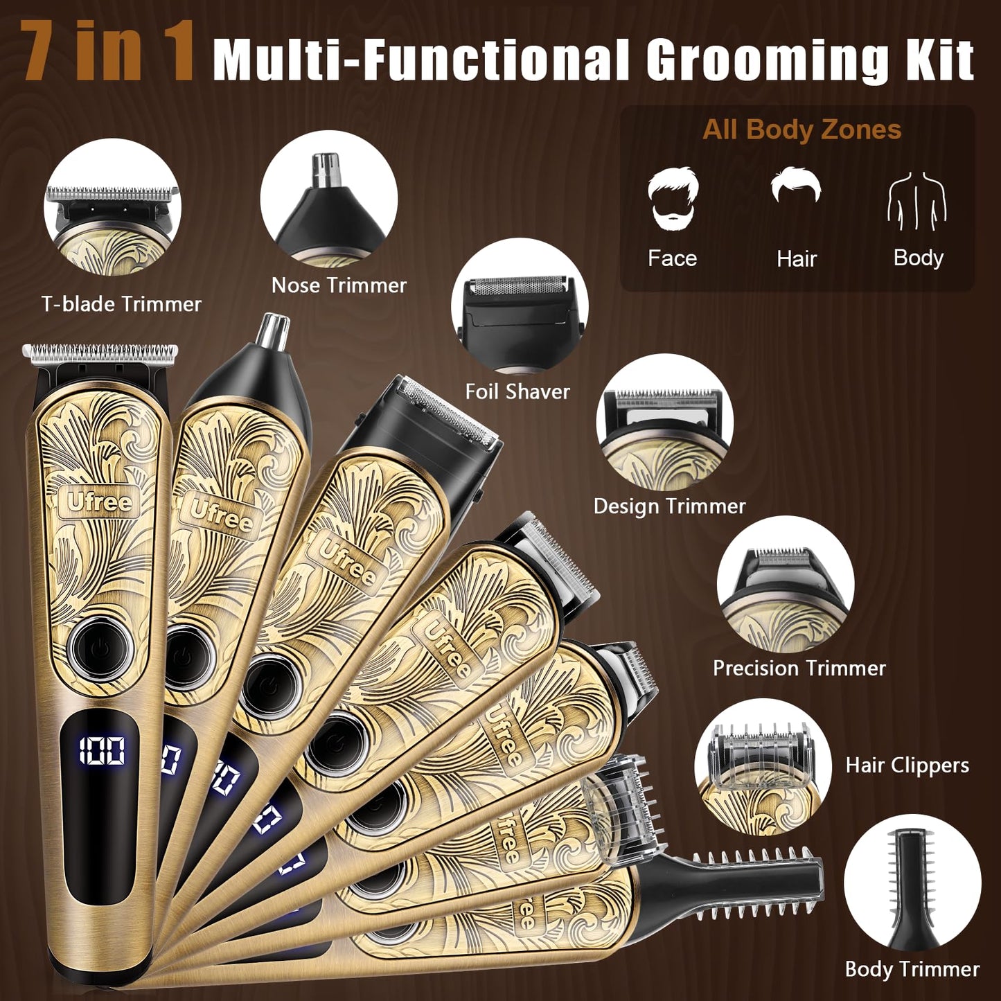 Ufree Beard Trimmer for Men, Waterproof Electric Razor for Nose, Body, Face & Mustache, Cordless Hair Clippers Shavers Grooming Kit, Gifts for Men Husband Father