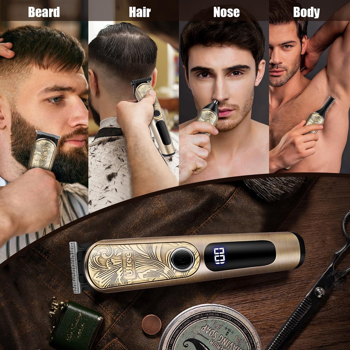 Ufree Beard Trimmer for Men, Waterproof Electric Razor for Nose, Body, Face & Mustache, Cordless Hair Clippers Shavers Grooming Kit, Gifts for Men Husband Father