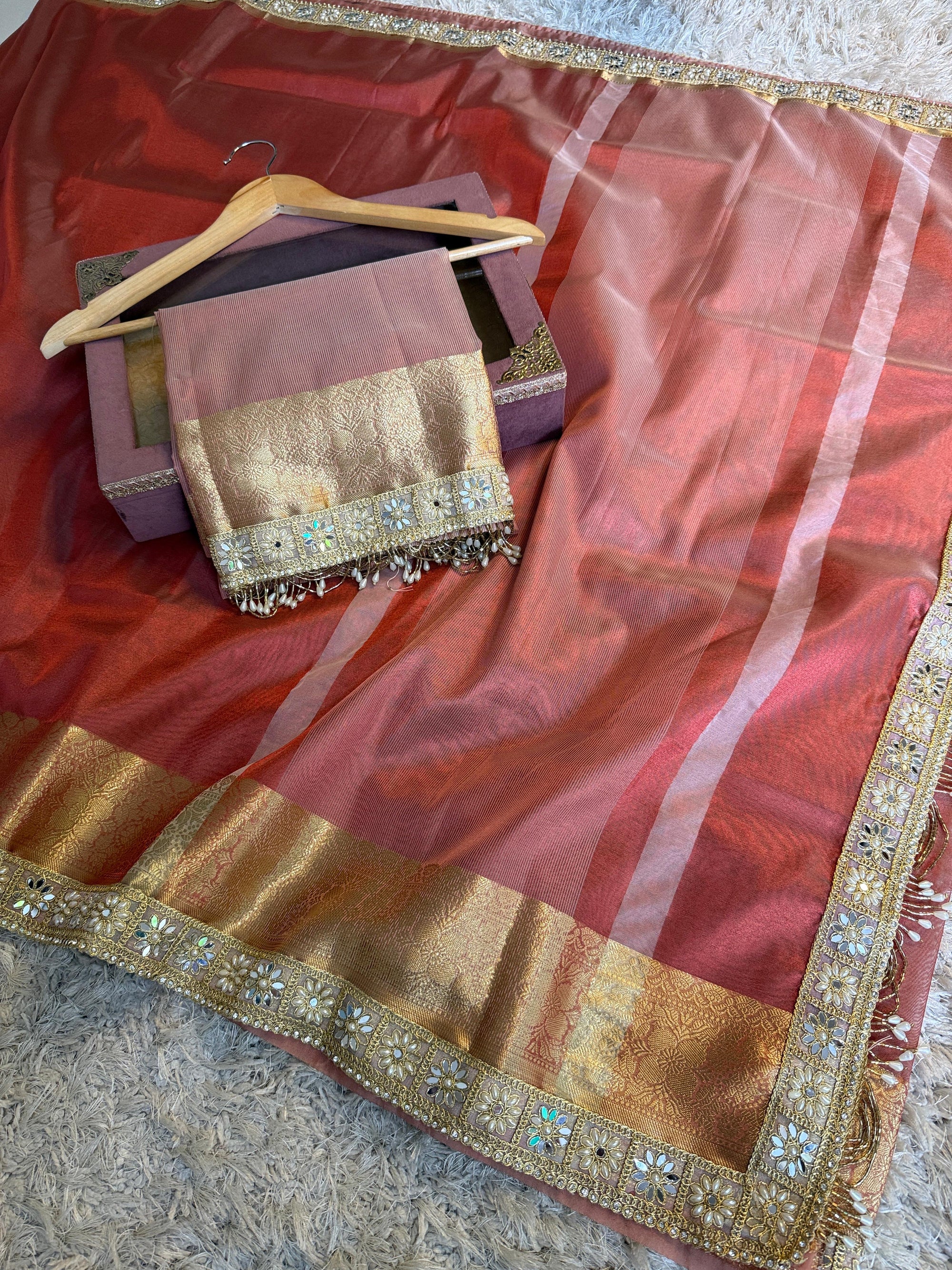 Banarasi Tissue Silk Saree with Gold Zari and Pearl Lace Border