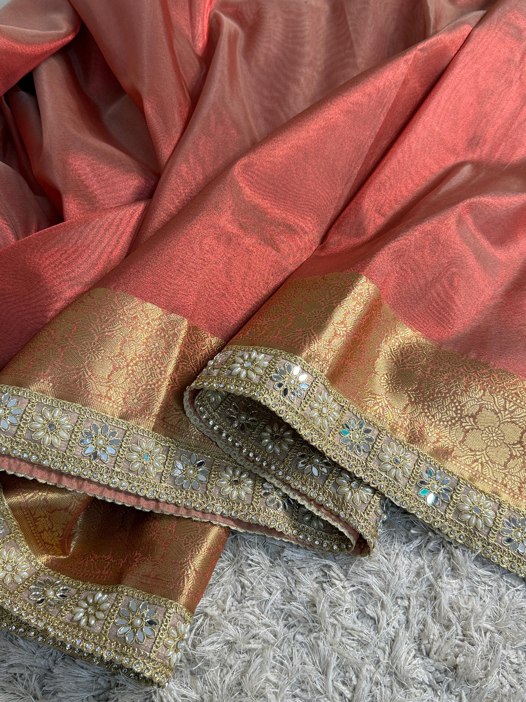 Banarasi Tissue Silk Saree with Gold Zari and Pearl Lace Border