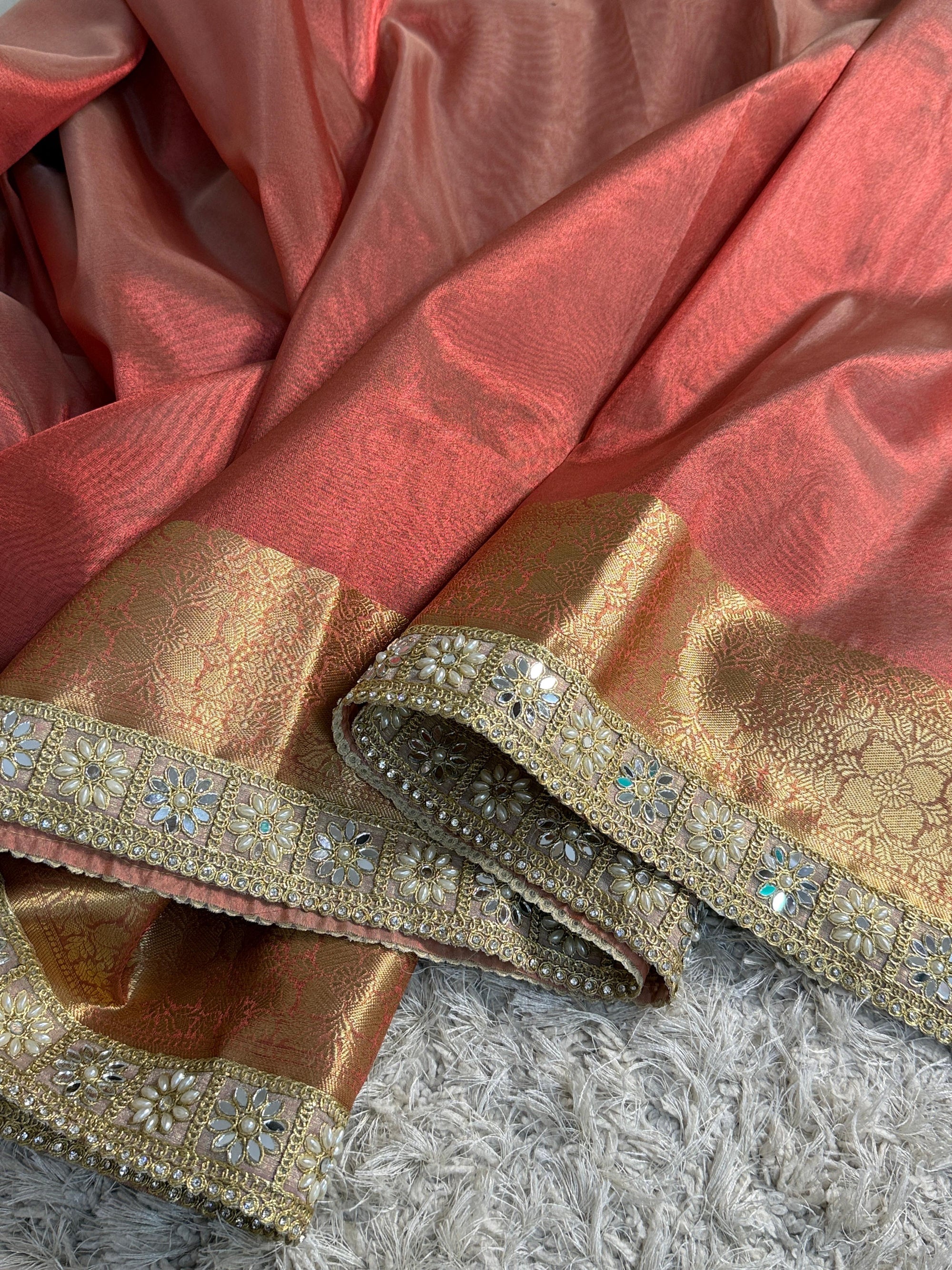 Banarasi Tissue Silk Saree with Gold Zari and Pearl Lace Border