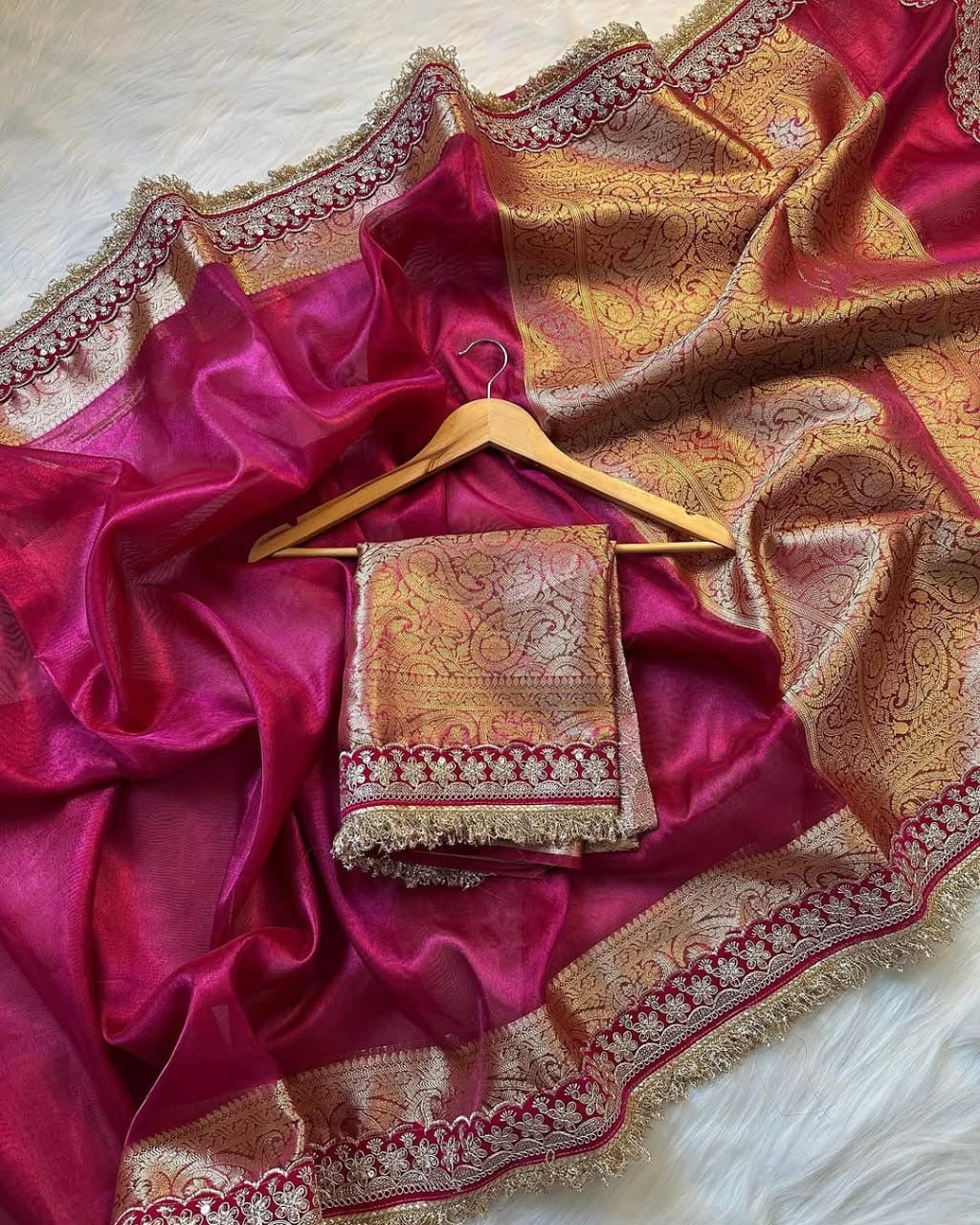 Banarasi Tissue Silk Saree with Velvet and Uljhi Lace Work