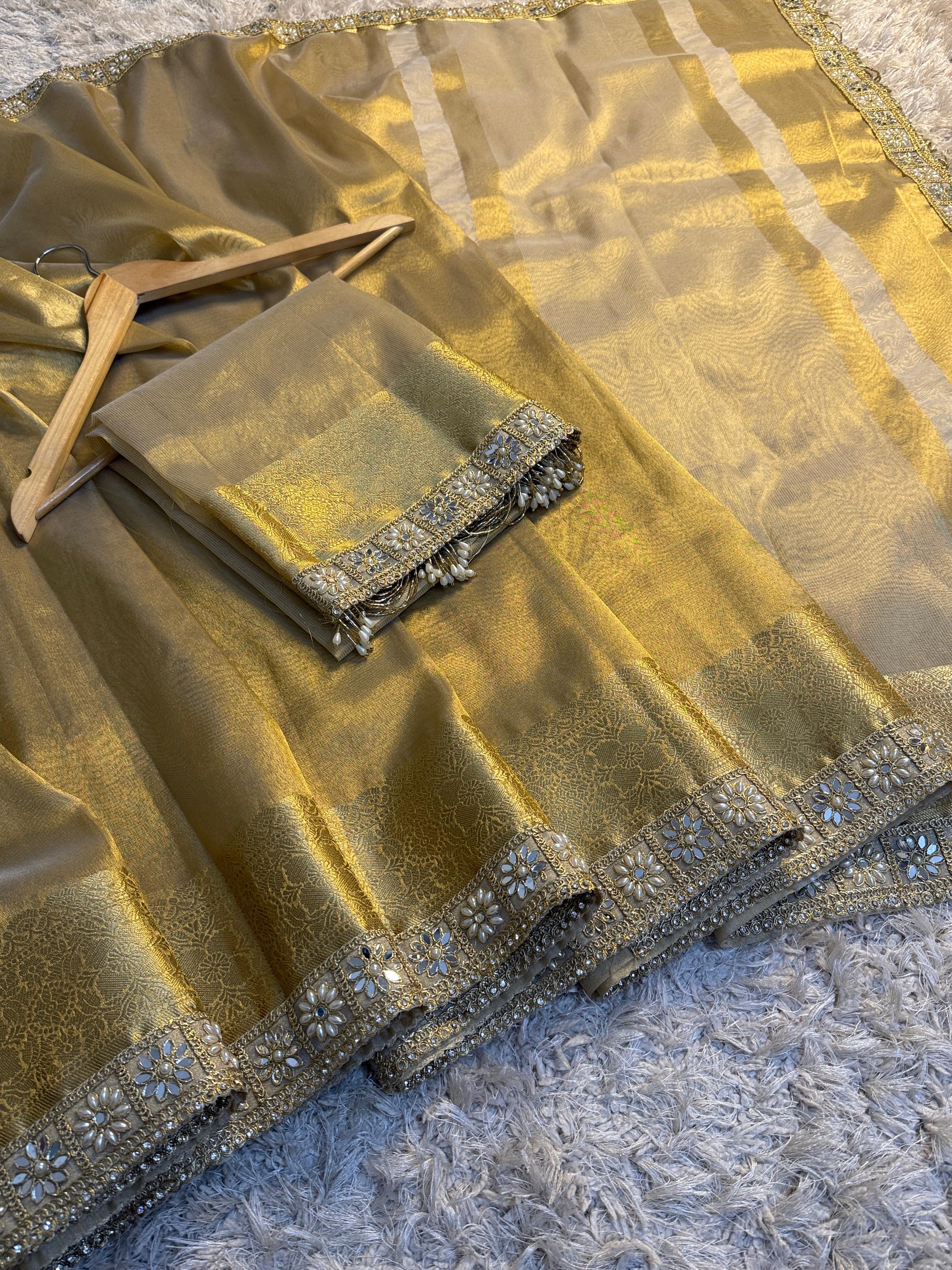 Banarasi Tissue Silk Saree with Gold Zari and Pearl Lace Border