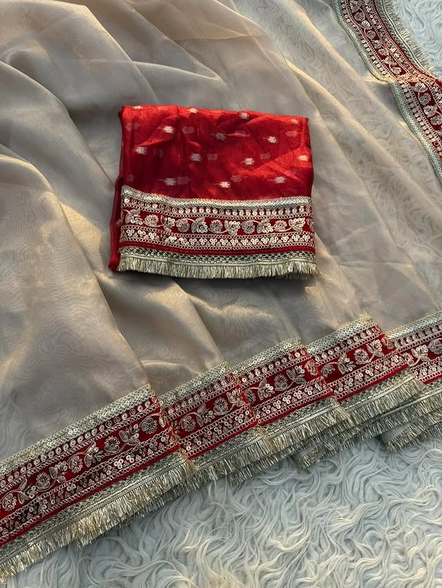 Banarasi Glass Tissue Silk Saree with velvel and gotta lace border