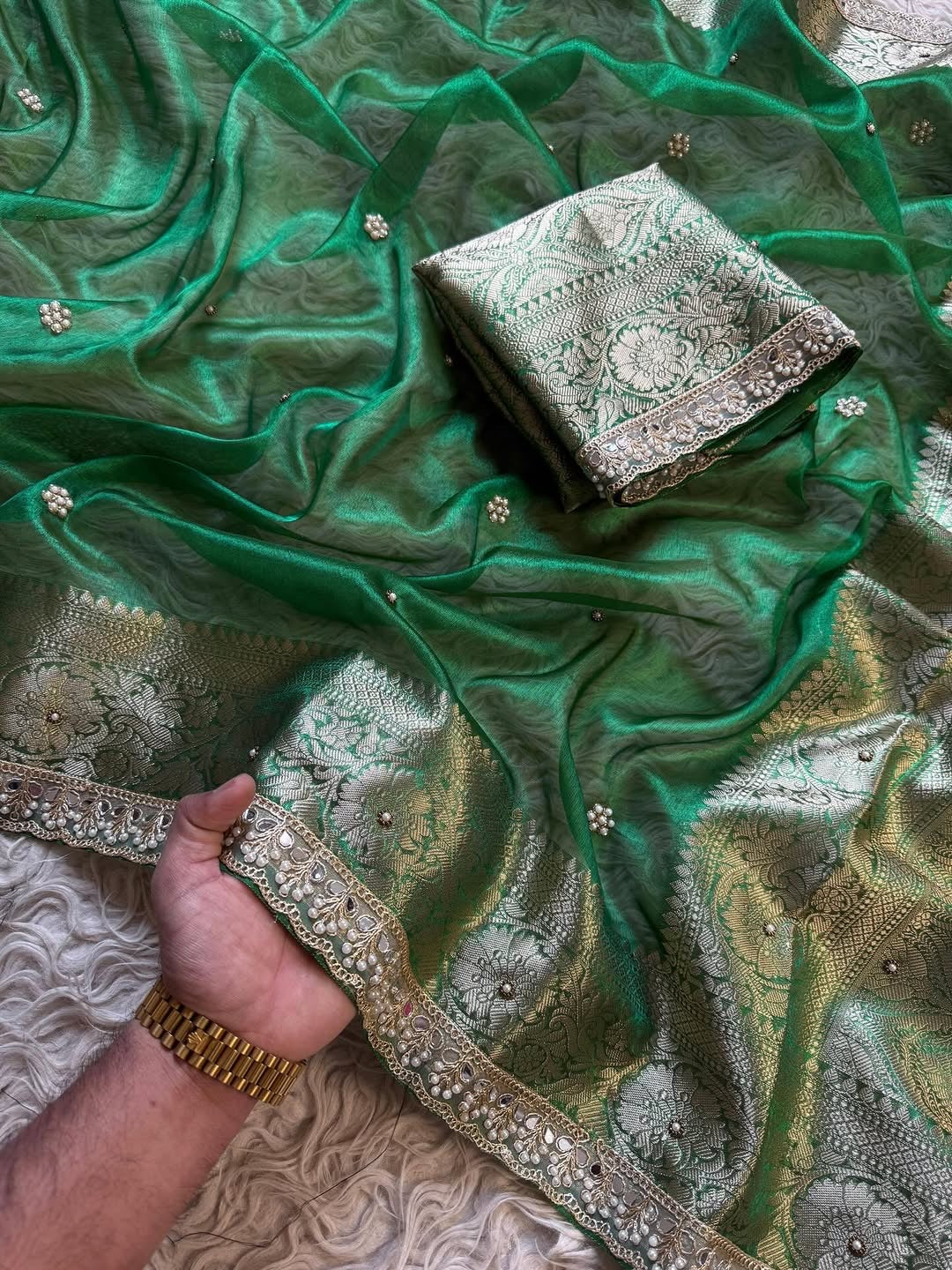 Banarasi Soft Glass Tissue Silk Saree with Stonework and Pearl Lace Border