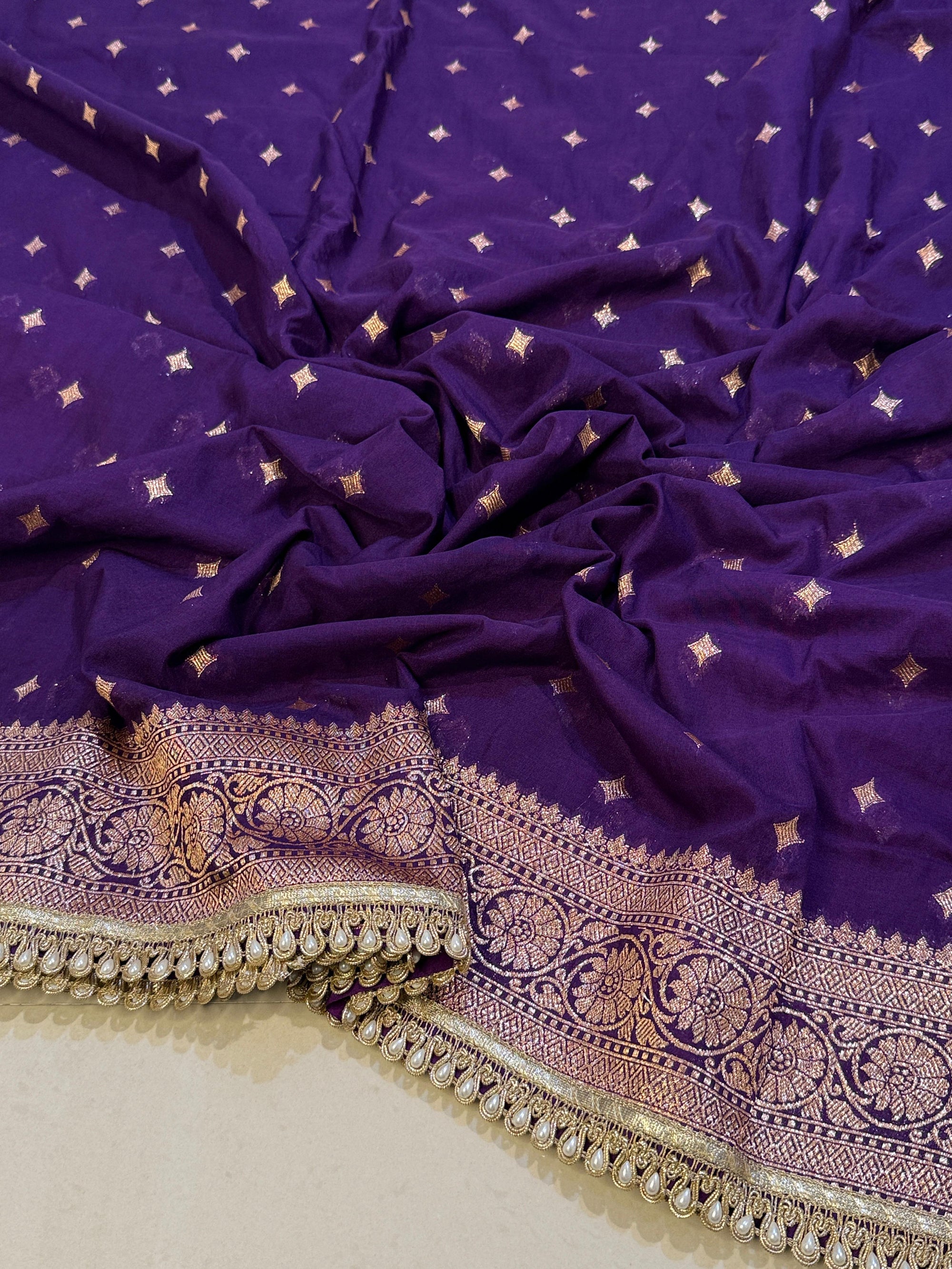 Handloom Banarasi Semi Khaddi Katan Soft Silk Saree with Pearl Lace border