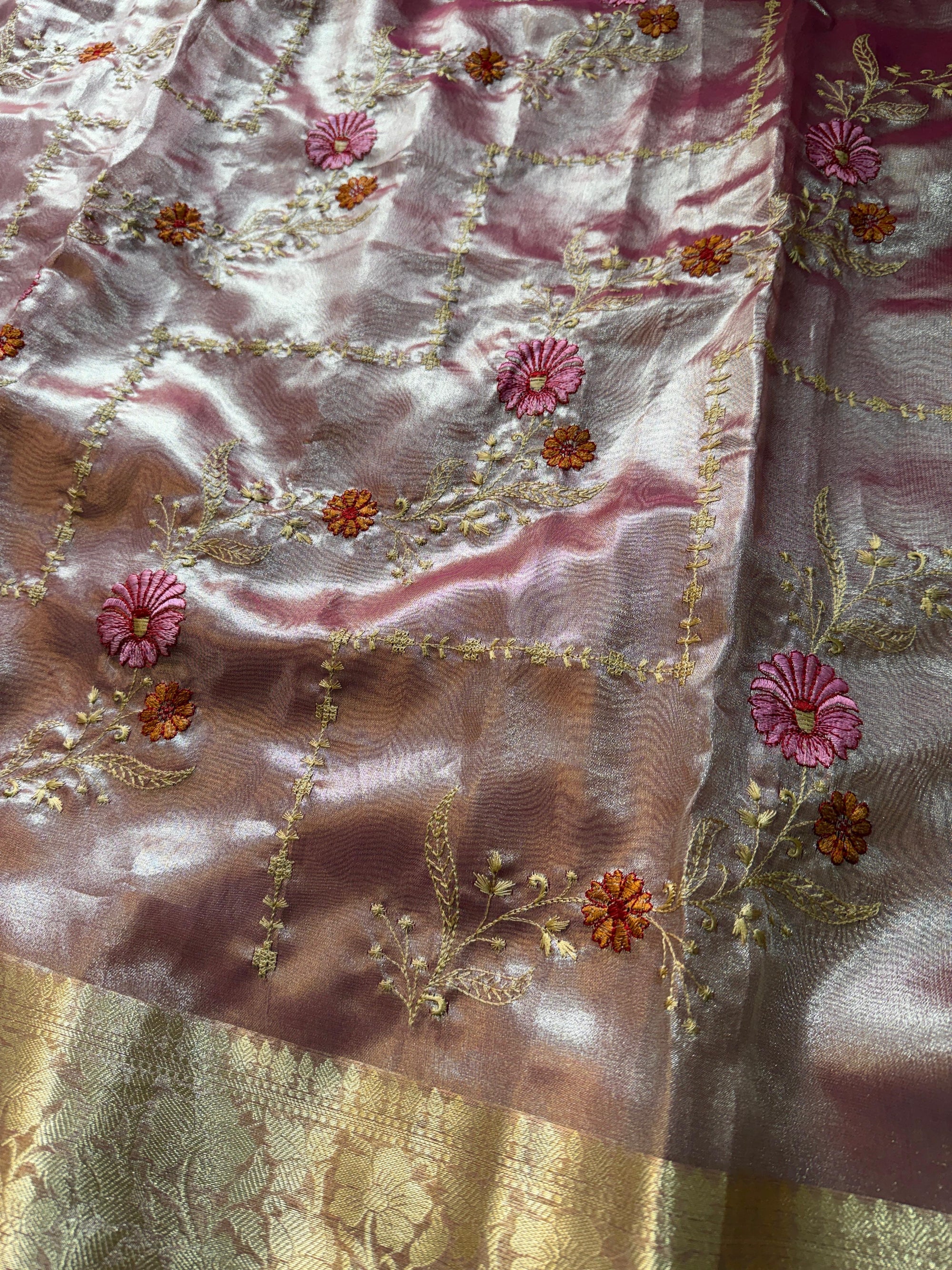 Banarasi Soft Glass Tissue Silk Saree with Meenakari Embroidery and Pearl Lace Border