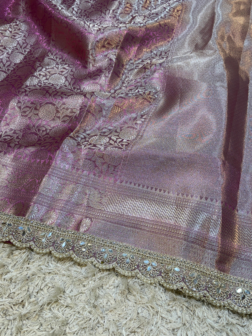 Banarasi Kanjivaram Tissue Silk Saree with Pearl Lace Border