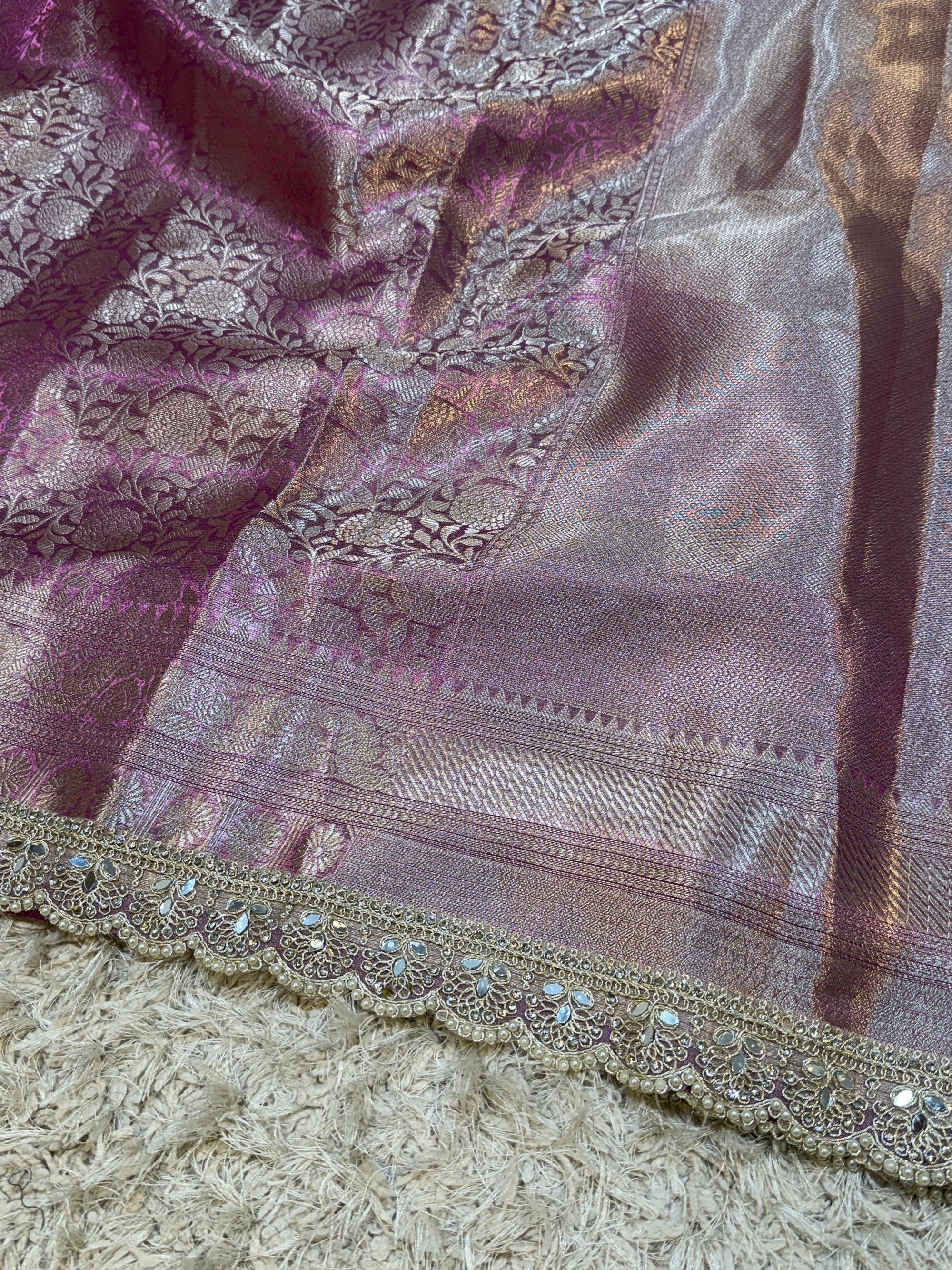 Banarasi Kanjivaram Tissue Silk Saree with Pearl Lace Border