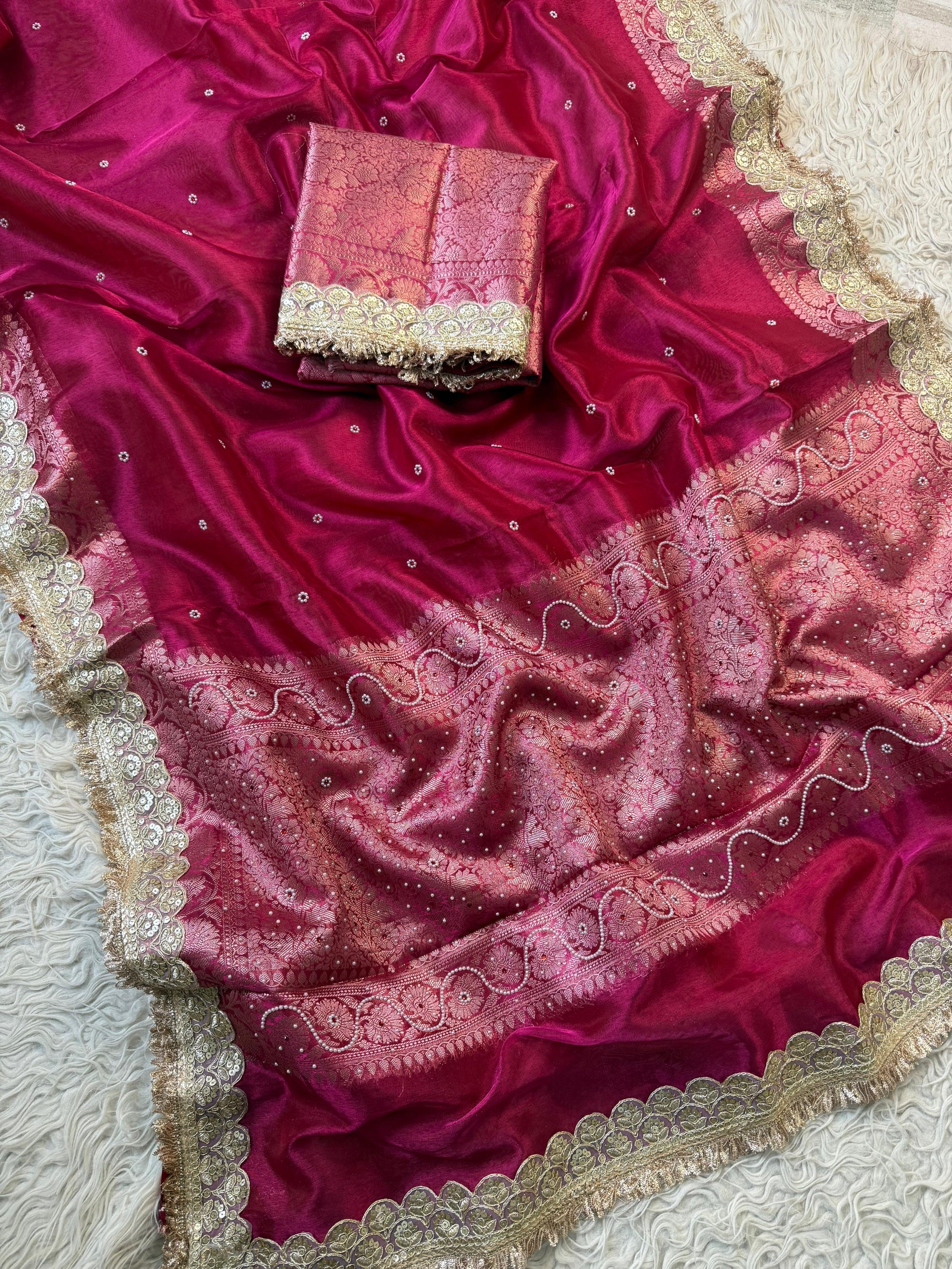 Banarasi Tissue Silk Saree with Stonework and Lace Border